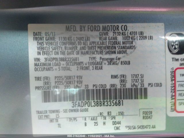 Photo 8 VIN: 3FADP0L38BR335681 - FORD FUSION 