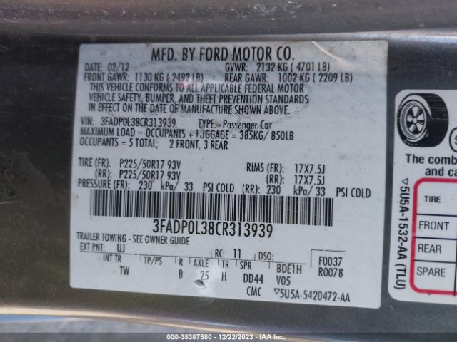 Photo 8 VIN: 3FADP0L38CR313939 - FORD FUSION HYBRID 