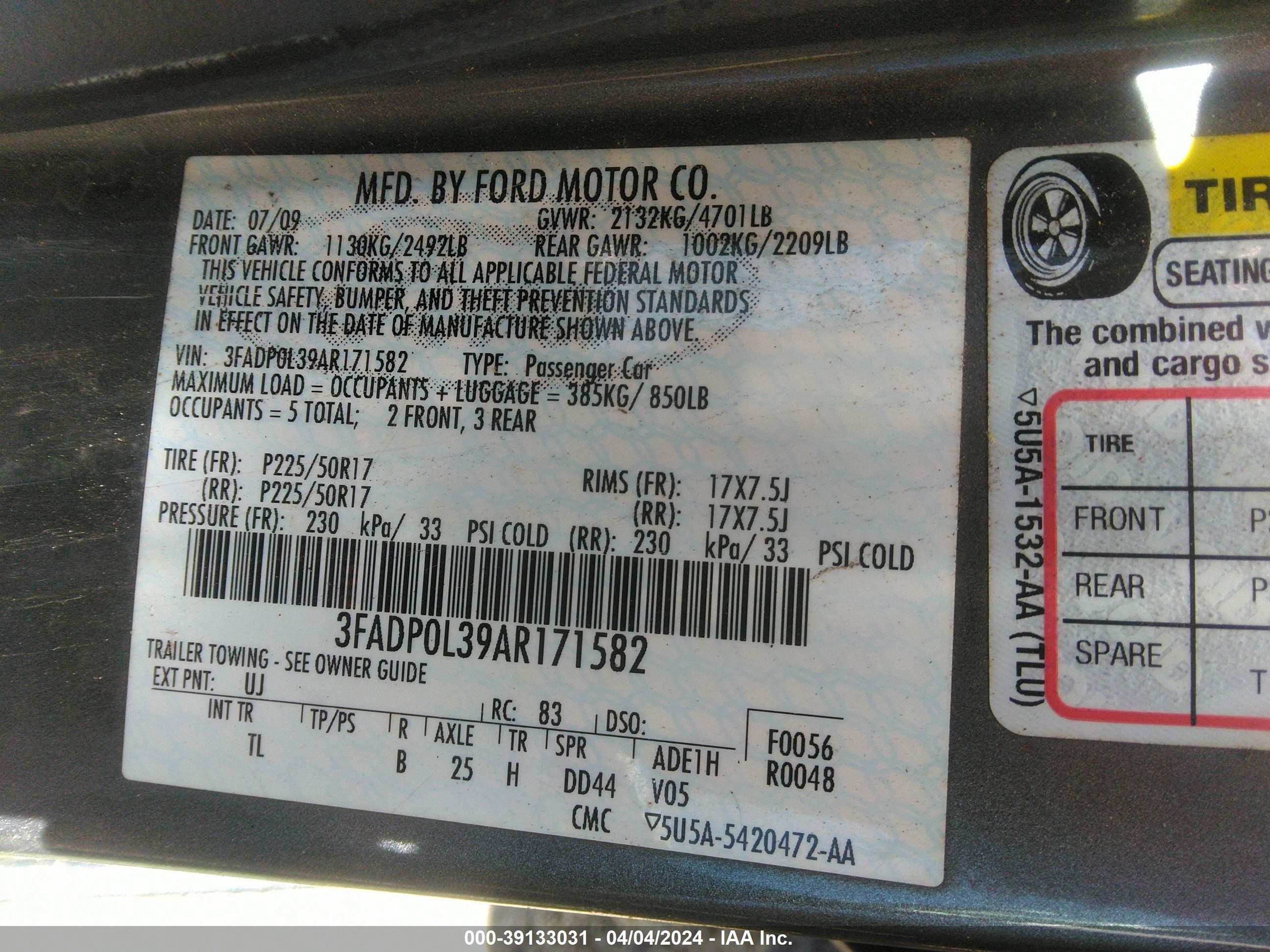 Photo 4 VIN: 3FADP0L39AR171582 - FORD FUSION 