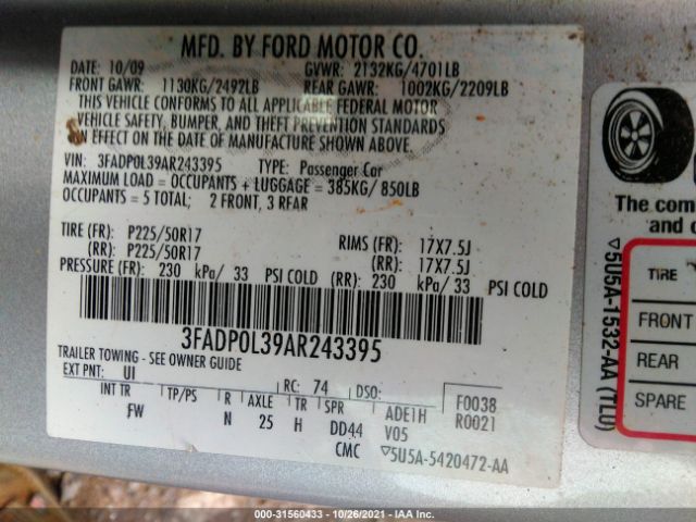 Photo 8 VIN: 3FADP0L39AR243395 - FORD FUSION 