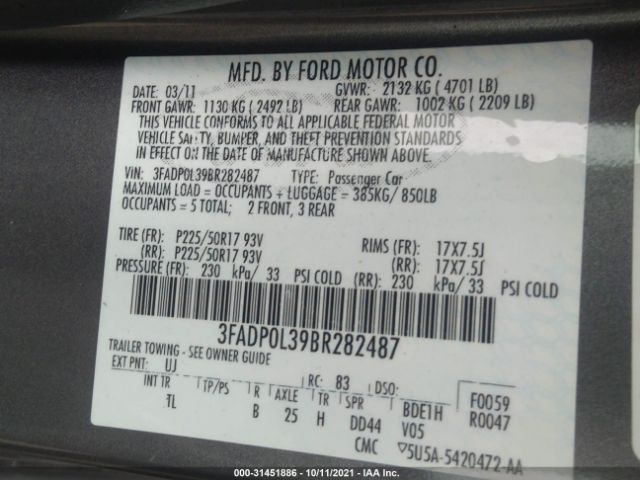 Photo 8 VIN: 3FADP0L39BR282487 - FORD FUSION 