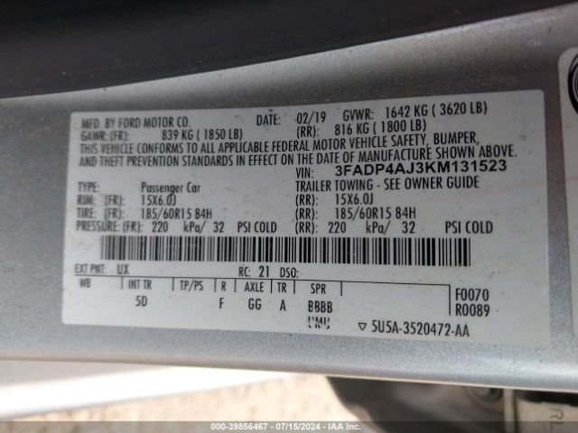 Photo 8 VIN: 3FADP4AJ3KM131523 - FORD FIESTA 