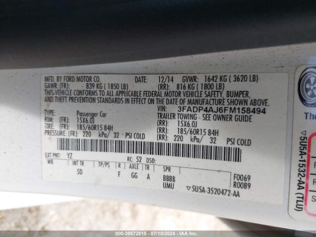 Photo 8 VIN: 3FADP4AJ6FM158494 - FORD FIESTA 