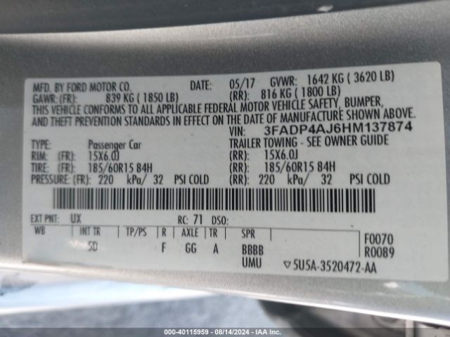 Photo 8 VIN: 3FADP4AJ6HM137874 - FORD FIESTA 