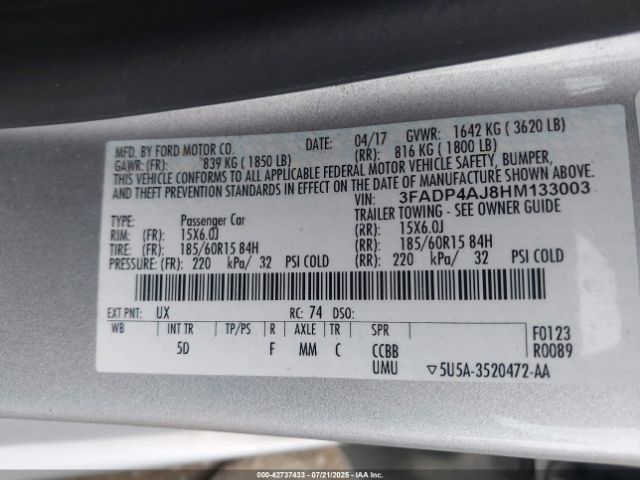 Photo 8 VIN: 3FADP4AJ8HM133003 - FORD FIESTA 