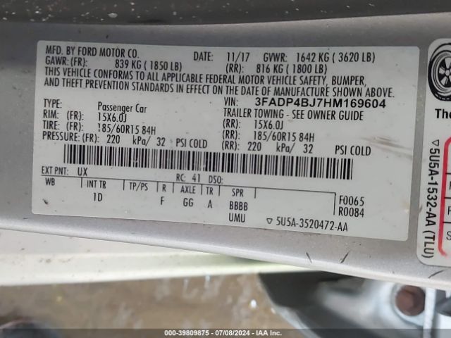 Photo 8 VIN: 3FADP4BJ7HM169604 - FORD FIESTA 