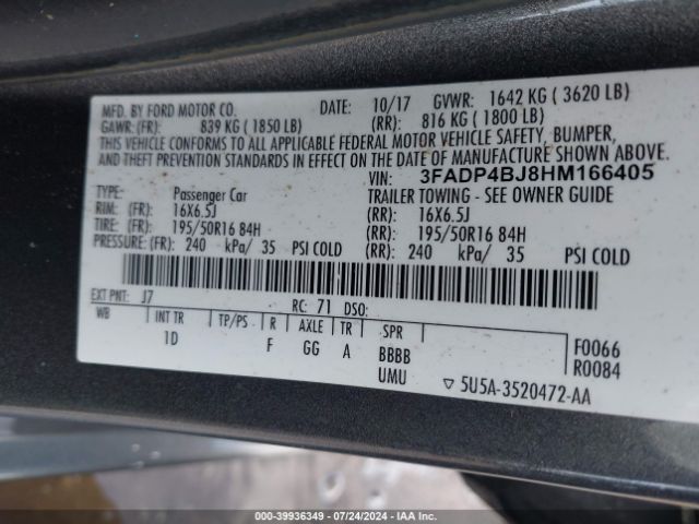 Photo 8 VIN: 3FADP4BJ8HM166405 - FORD FIESTA 