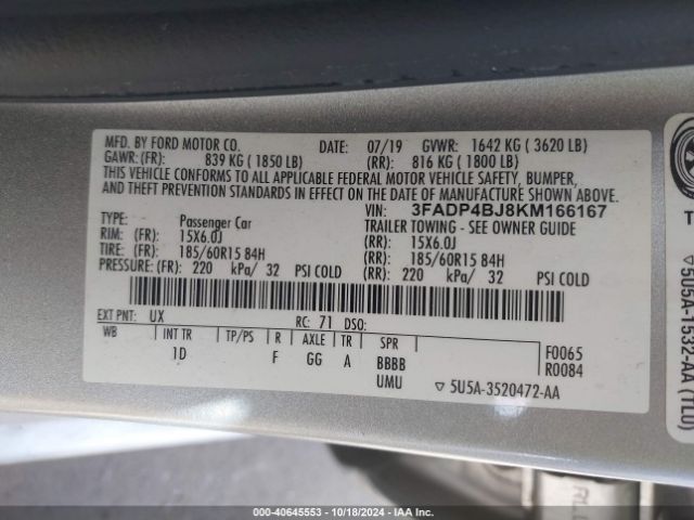 Photo 8 VIN: 3FADP4BJ8KM166167 - FORD FIESTA 