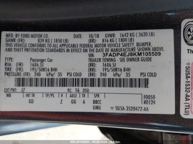 Photo 8 VIN: 3FADP4EJ8KM105509 - FORD FIESTA 