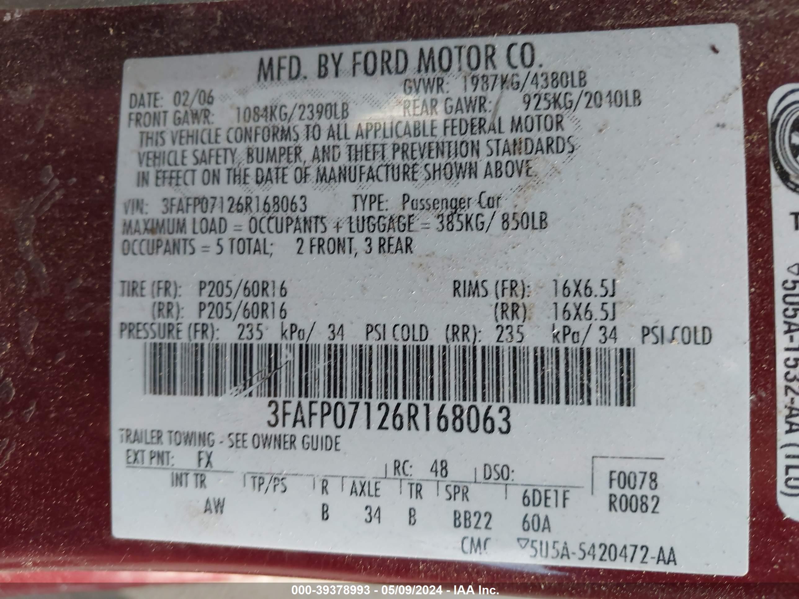 Photo 8 VIN: 3FAFP07126R168063 - FORD FUSION 