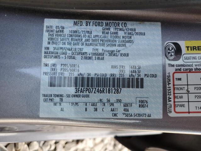 Photo 11 VIN: 3FAFP07Z46R181287 - FORD FUSION SE 