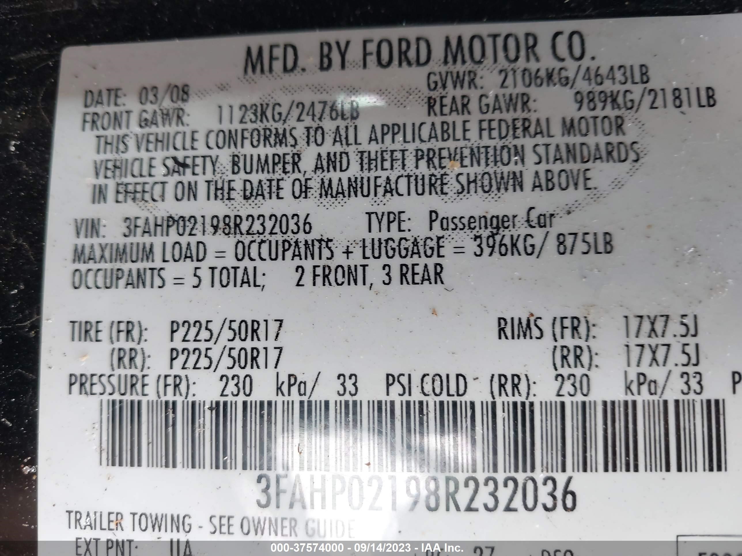 Photo 8 VIN: 3FAHP02198R232036 - FORD FUSION 