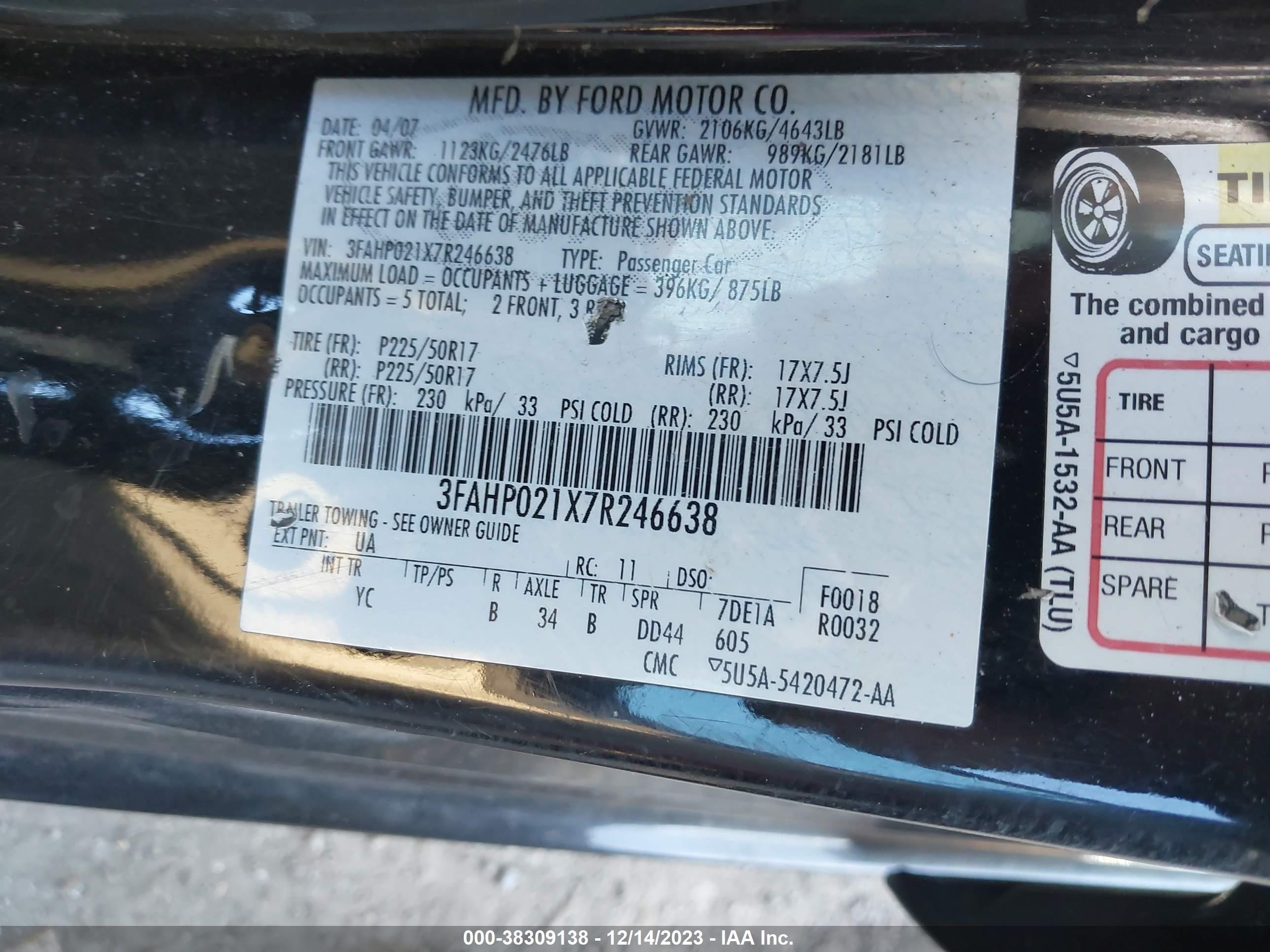 Photo 8 VIN: 3FAHP021X7R246638 - FORD FUSION 