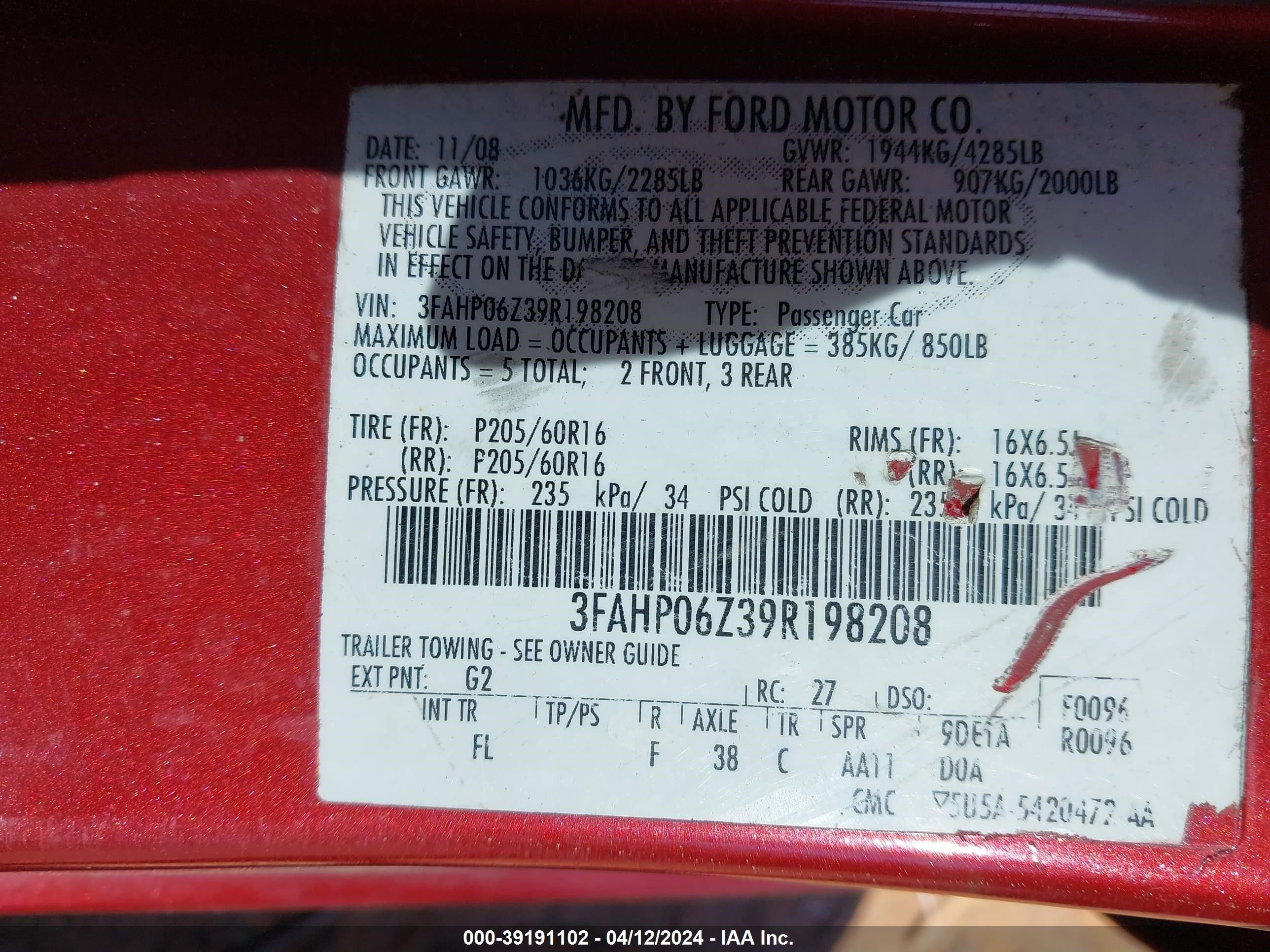 Photo 8 VIN: 3FAHP06Z39R198208 - FORD FUSION 