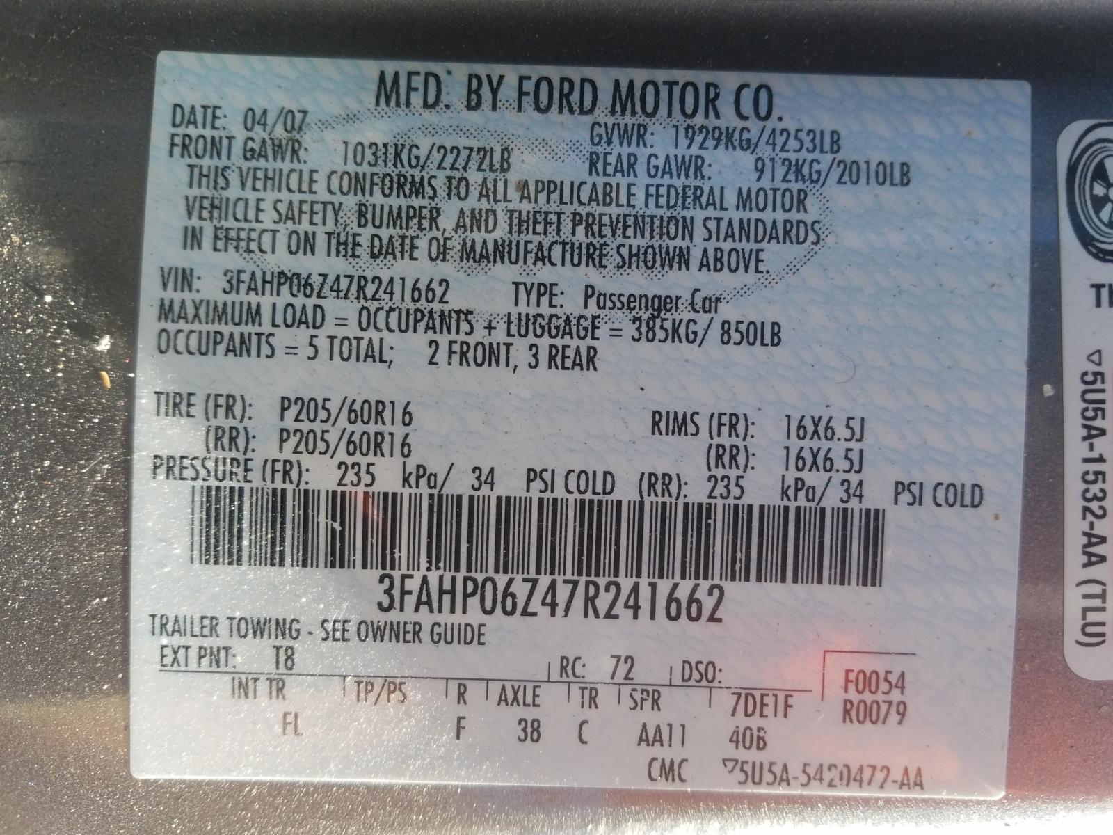 Photo 9 VIN: 3FAHP06Z47R241662 - FORD FUSION S 