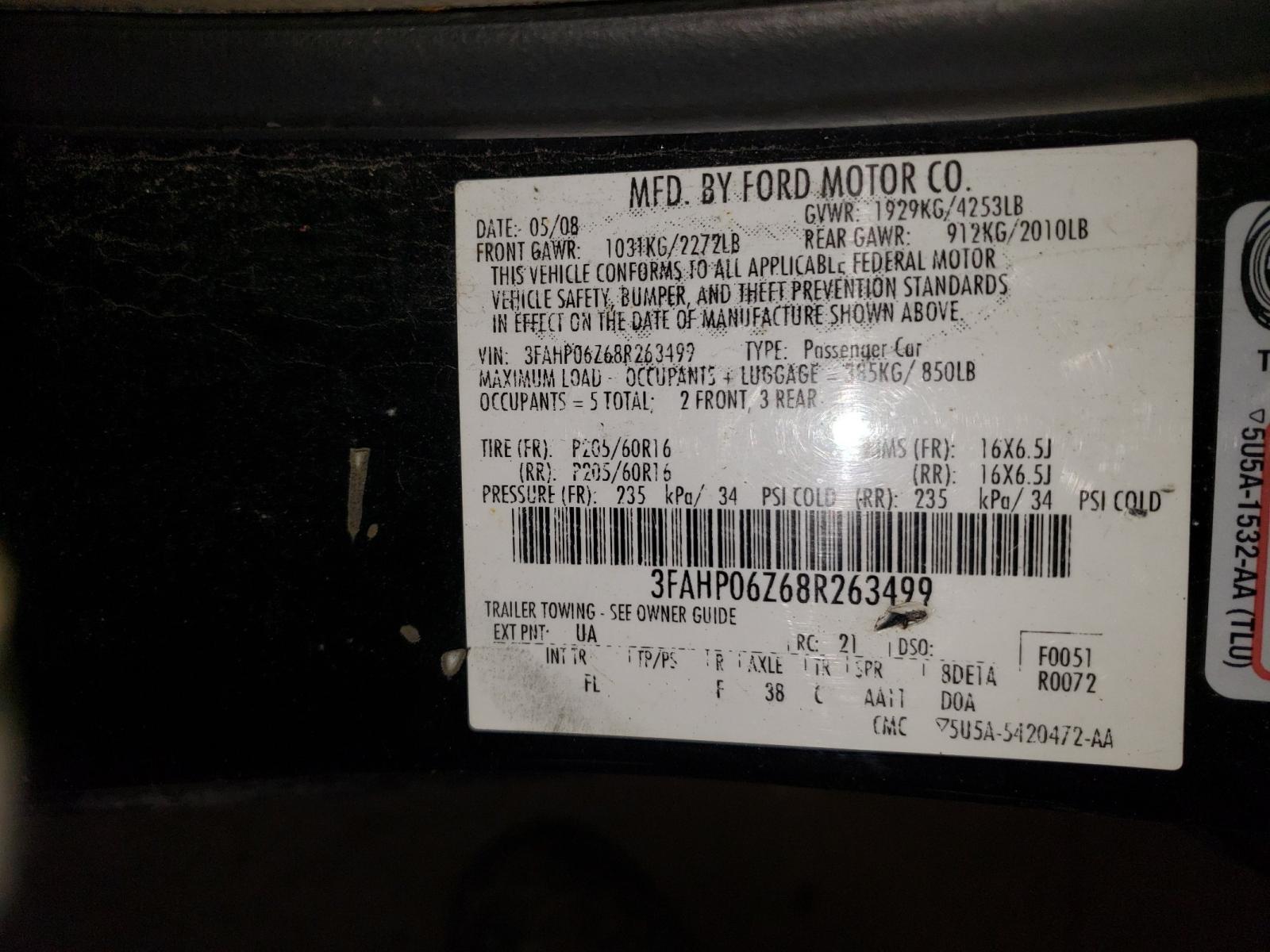 Photo 9 VIN: 3FAHP06Z68R263499 - FORD FUSION S 