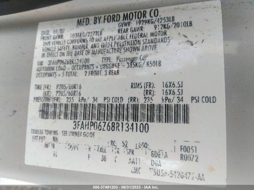 Photo 8 VIN: 3FAHP06Z68RJ34100 - FORD FUSION 