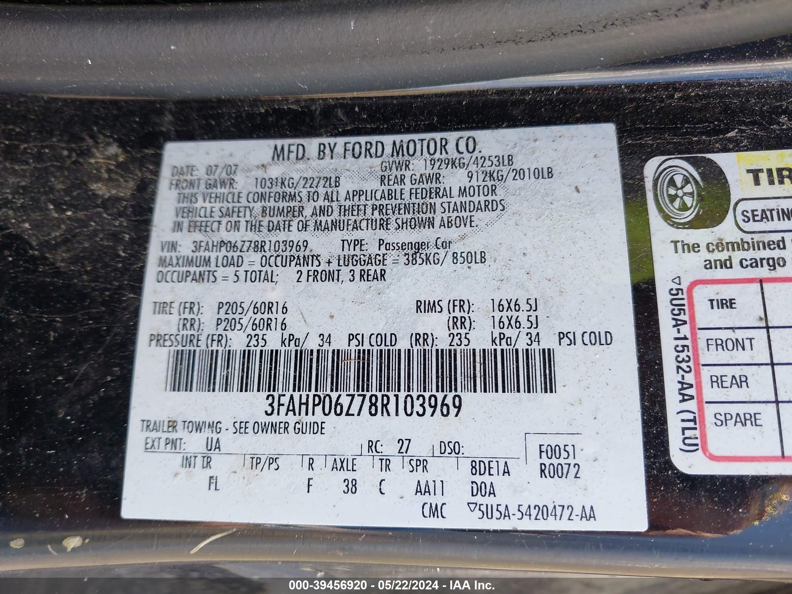 Photo 8 VIN: 3FAHP06Z78R103969 - FORD FUSION 