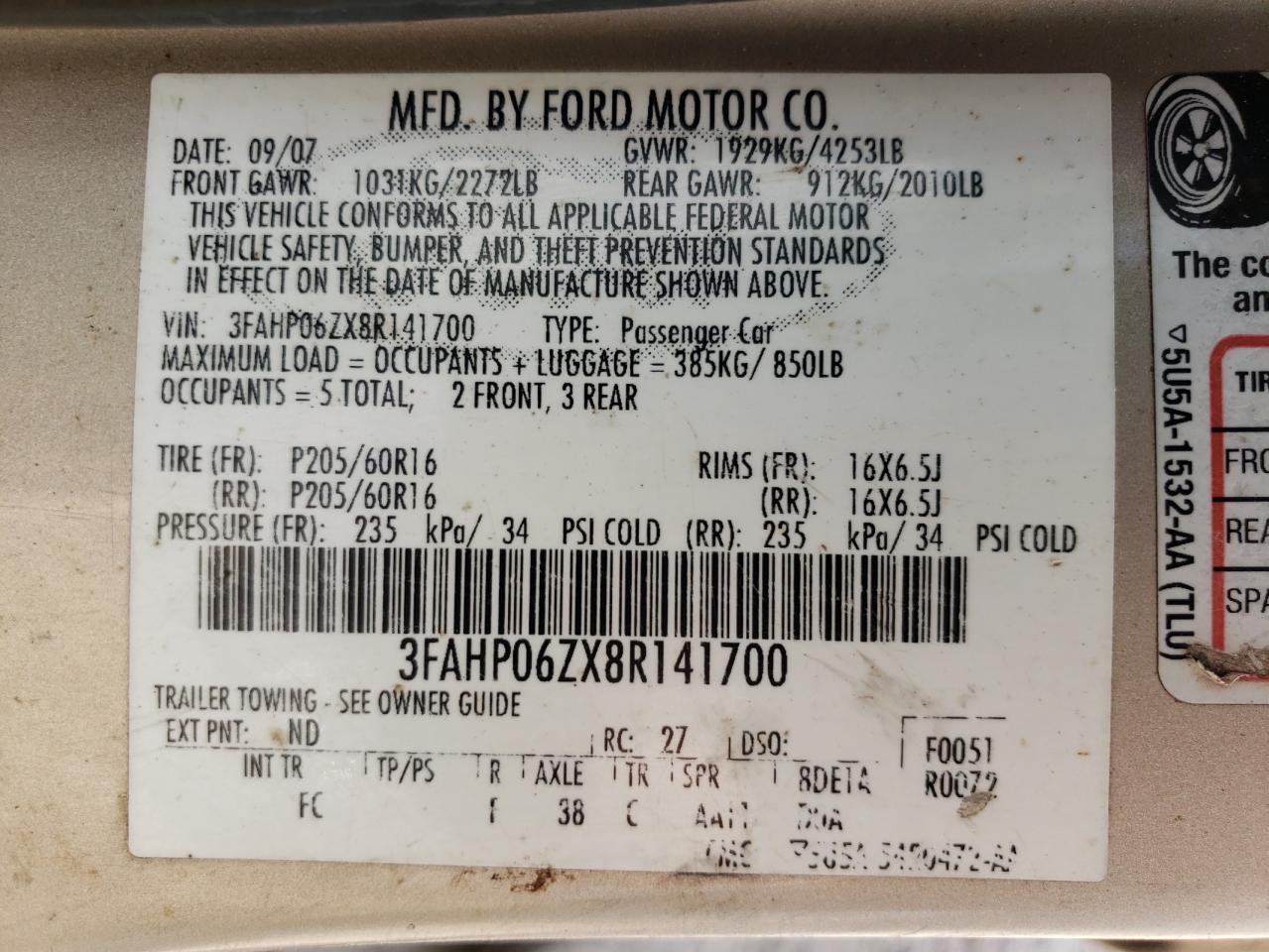 Photo 11 VIN: 3FAHP06ZX8R141700 - FORD FUSION 