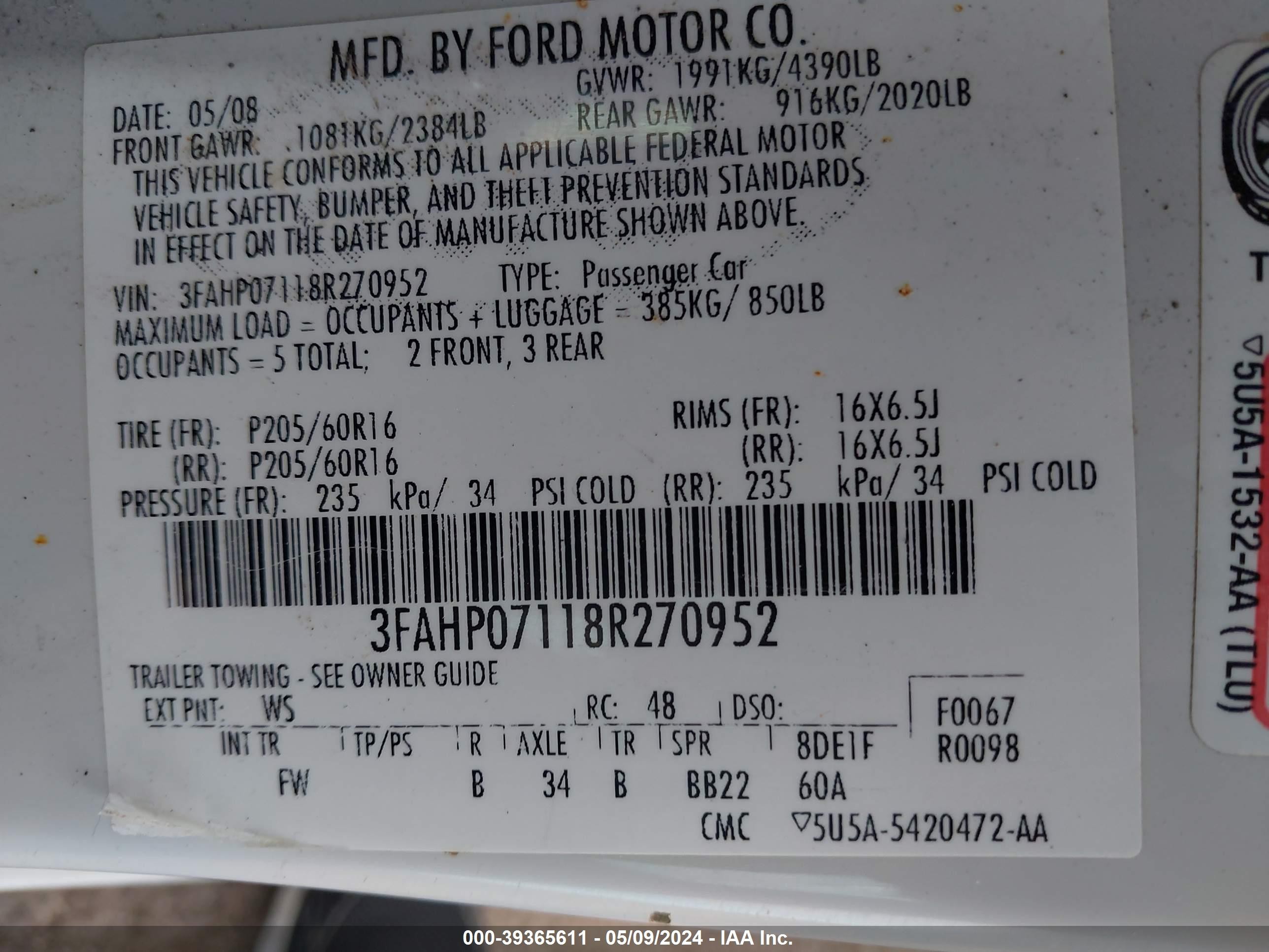 Photo 8 VIN: 3FAHP07118R270952 - FORD FUSION 