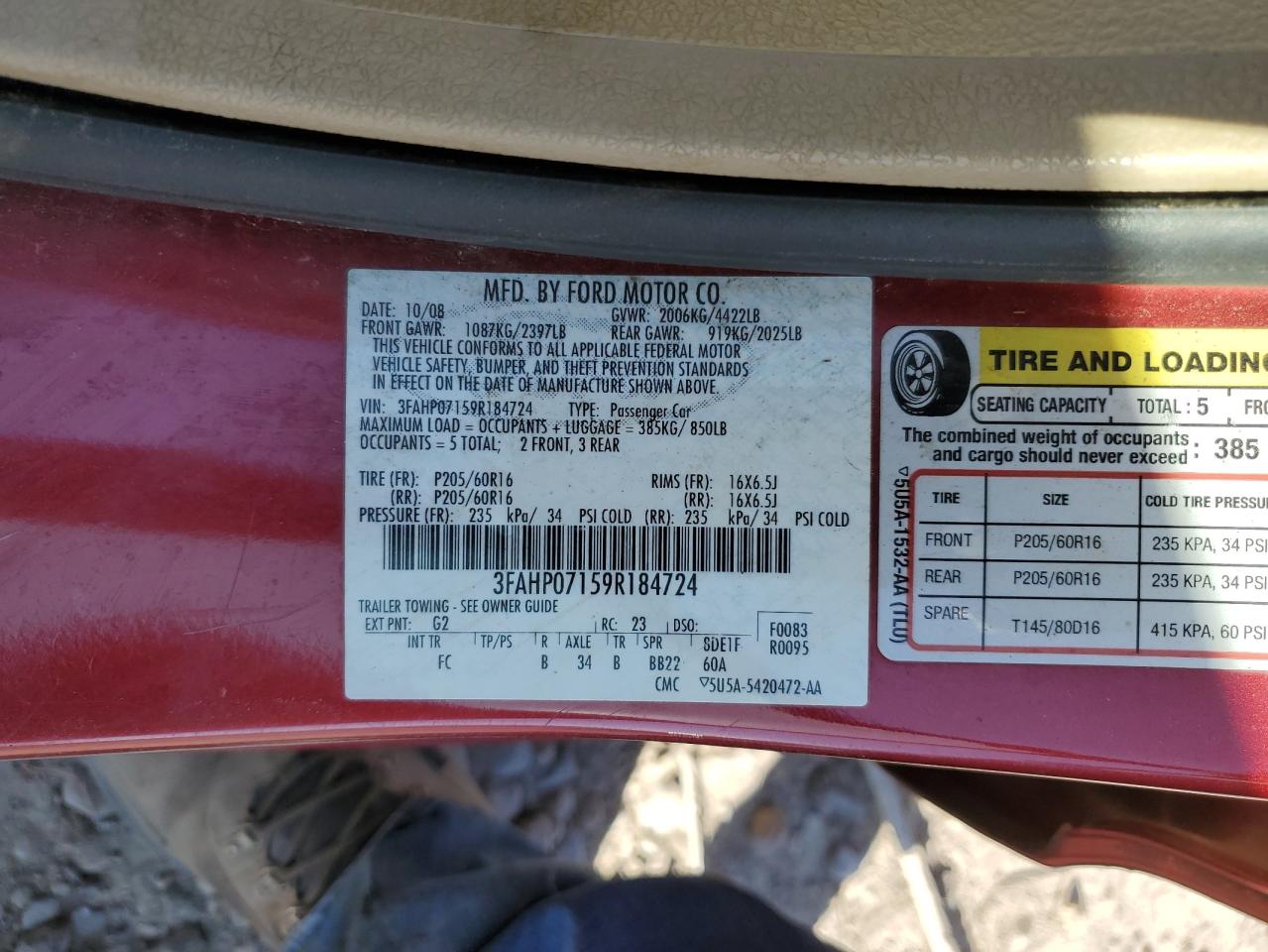 Photo 11 VIN: 3FAHP07159R184724 - FORD FUSION 