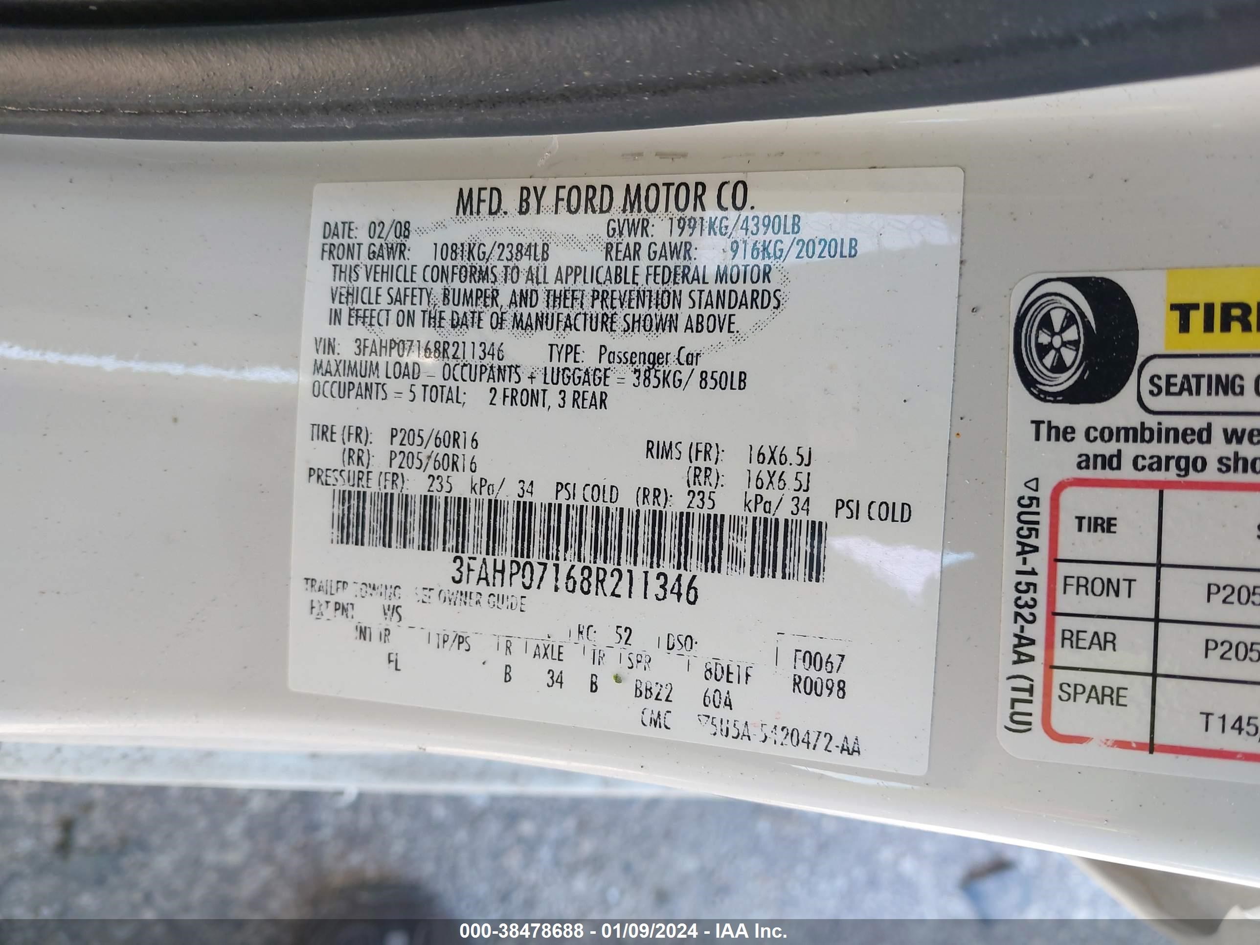 Photo 8 VIN: 3FAHP07168R211346 - FORD FUSION 