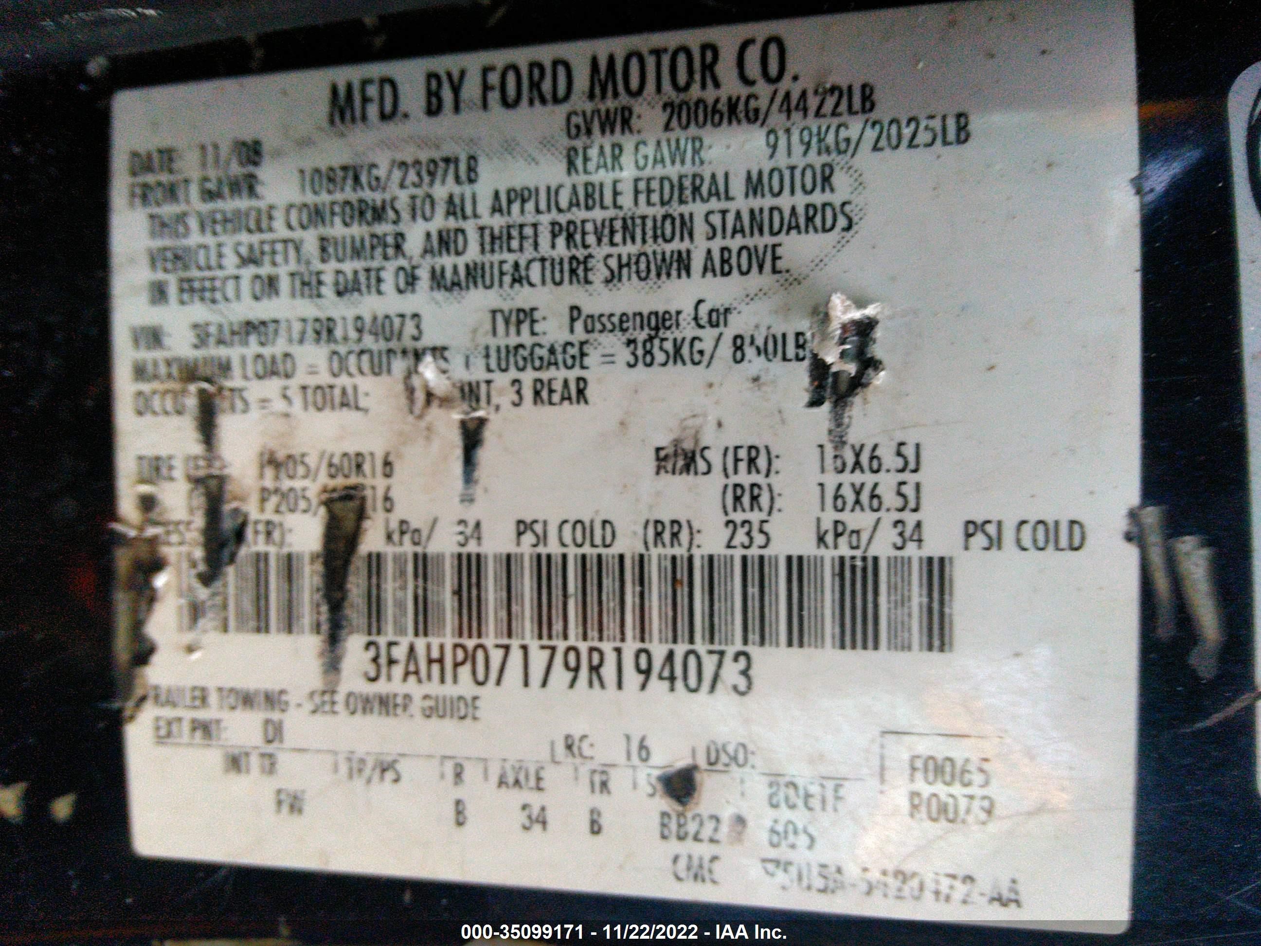 Photo 9 VIN: 3FAHP07179R194073 - FORD FUSION 