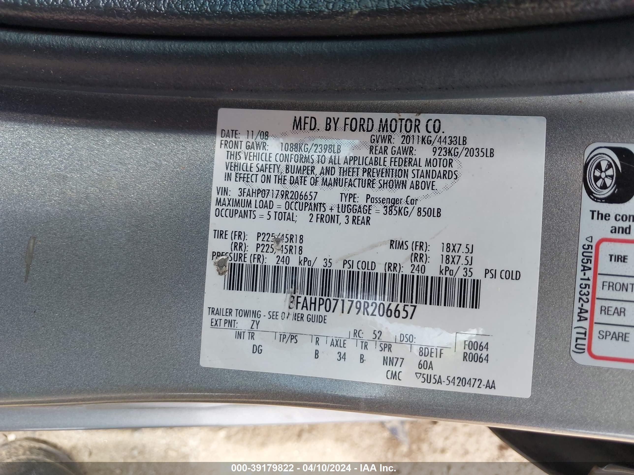 Photo 8 VIN: 3FAHP07179R206657 - FORD FUSION 