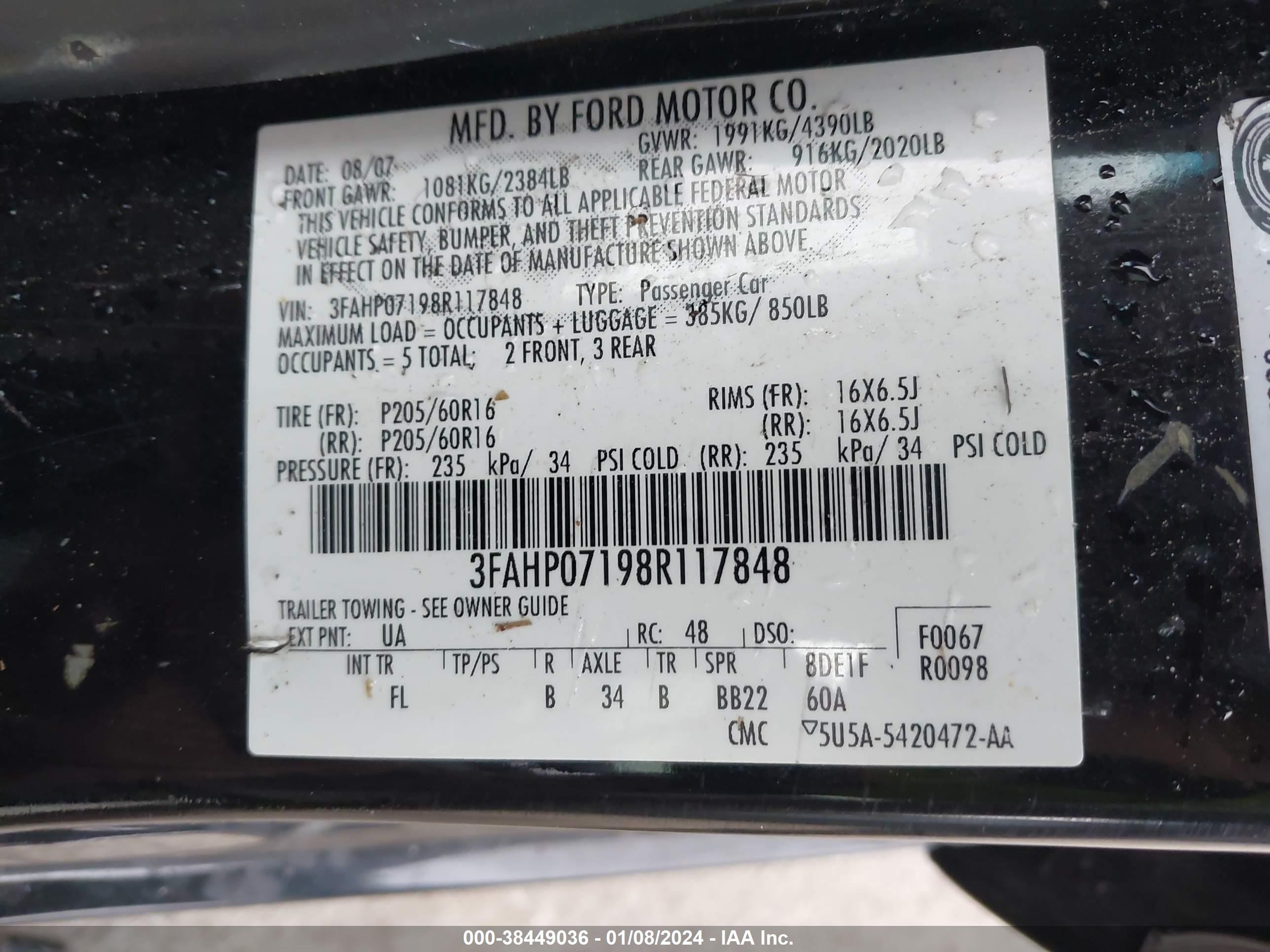 Photo 8 VIN: 3FAHP07198R117848 - FORD FUSION 