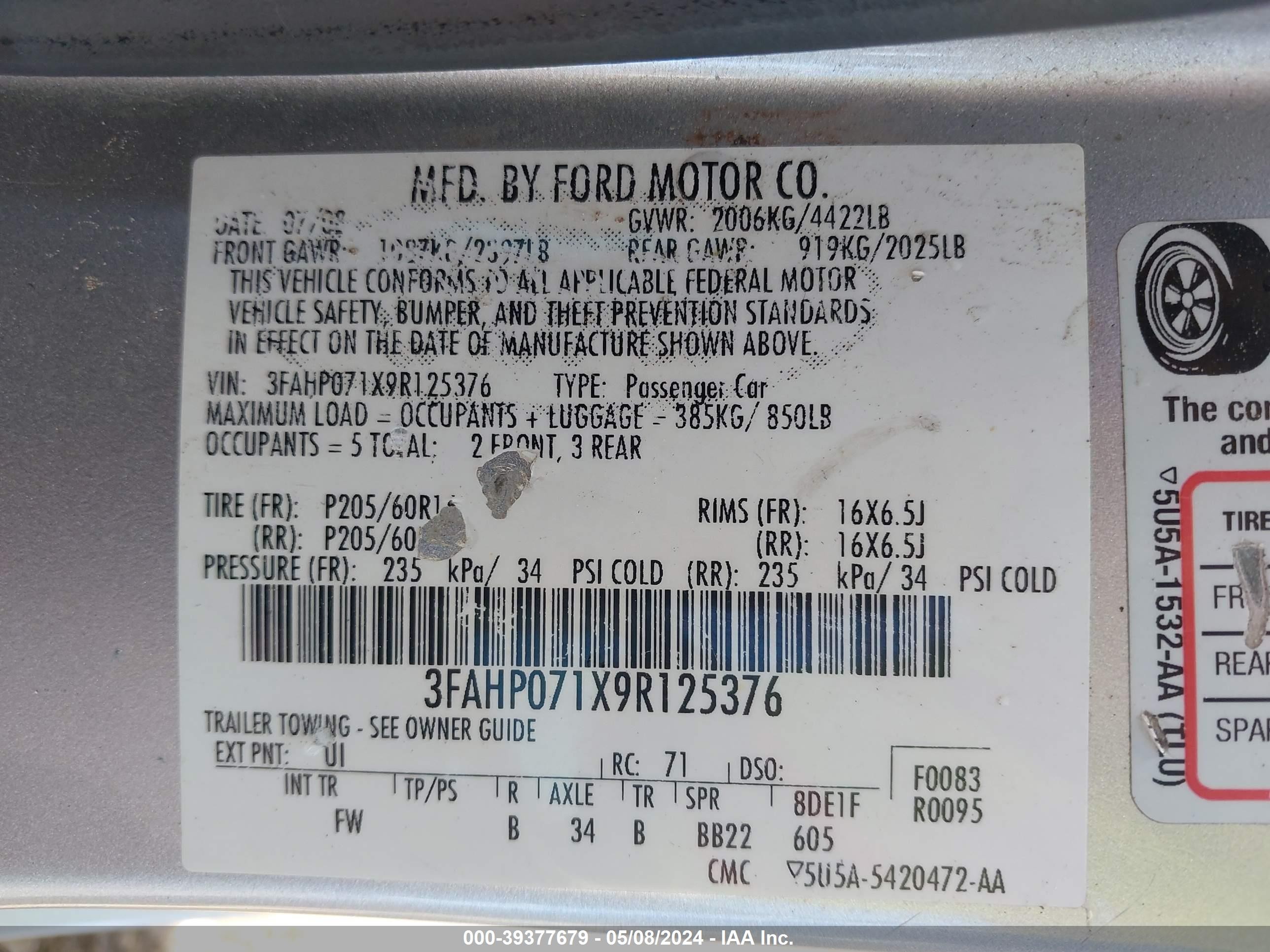 Photo 8 VIN: 3FAHP071X9R125376 - FORD FUSION 