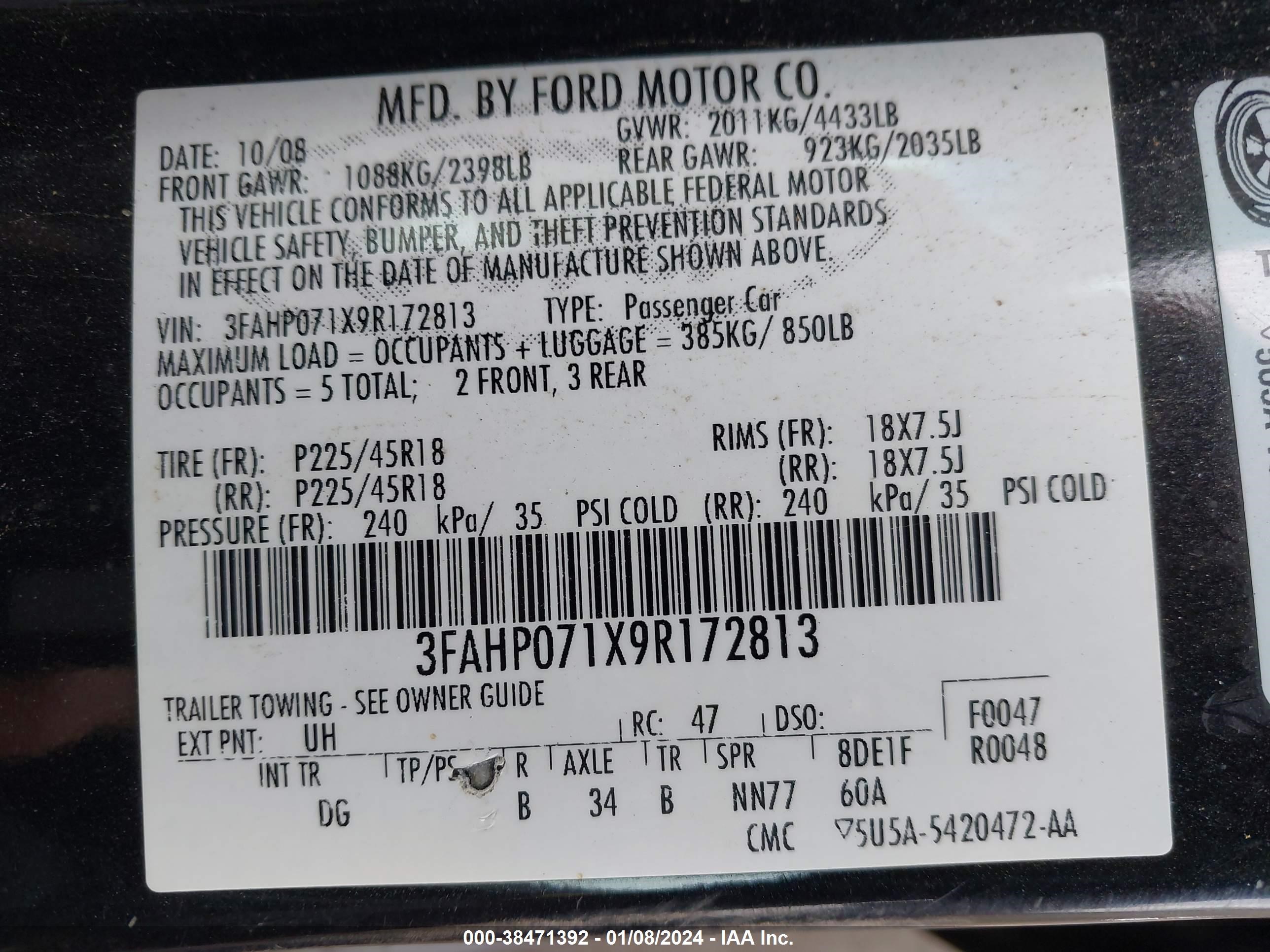 Photo 8 VIN: 3FAHP071X9R172813 - FORD FUSION 