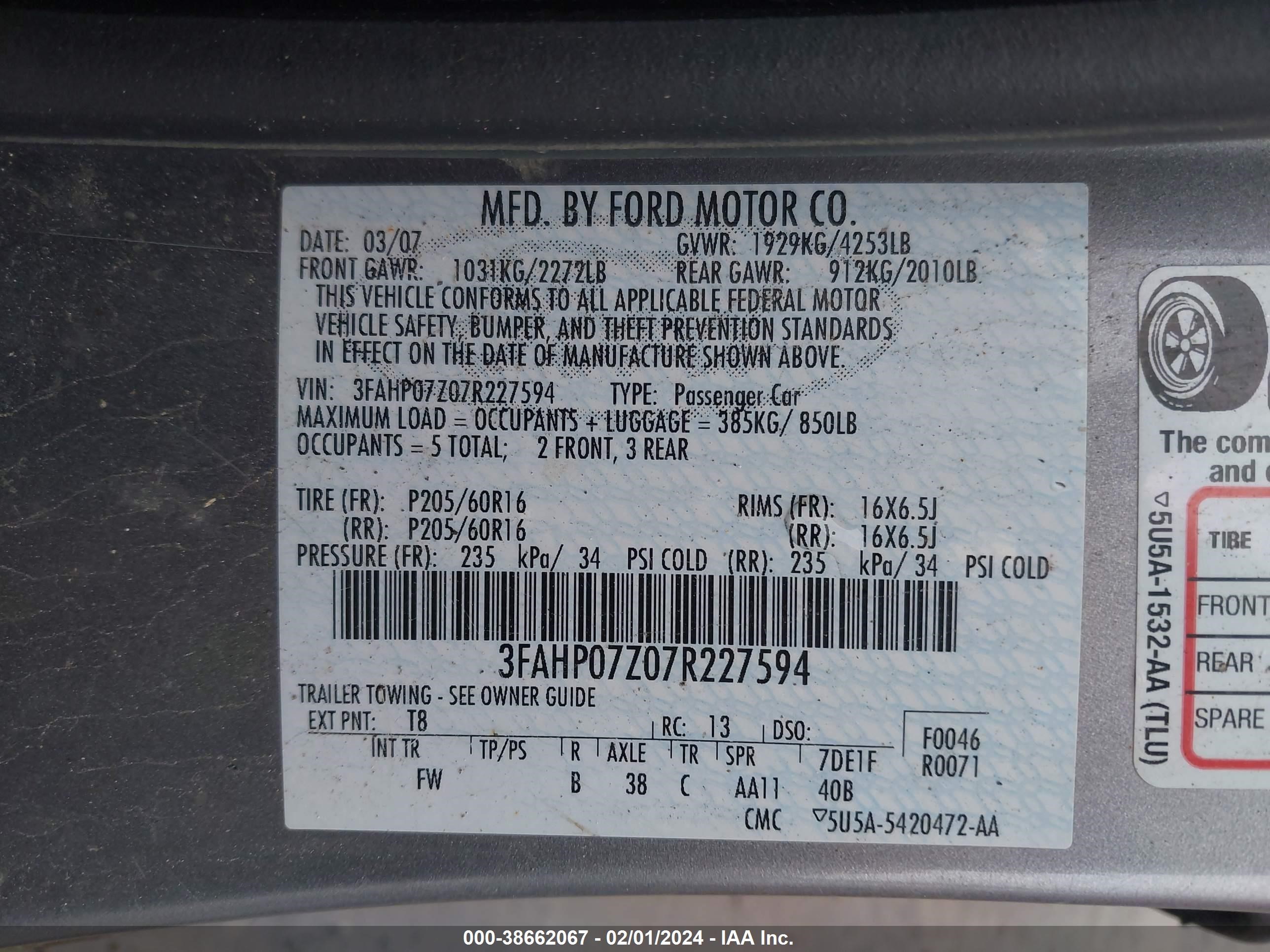 Photo 8 VIN: 3FAHP07Z07R227594 - FORD FUSION 