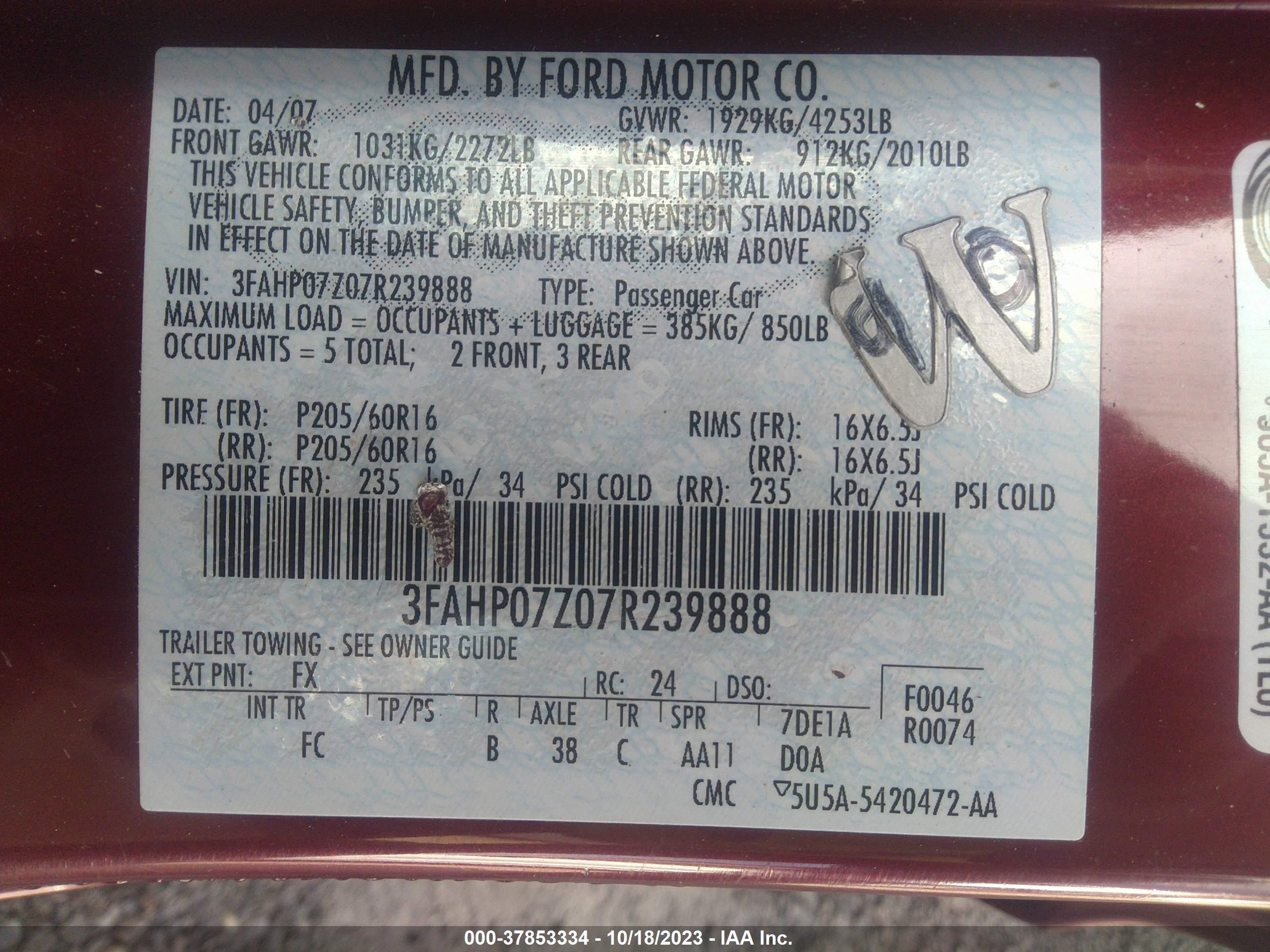 Photo 8 VIN: 3FAHP07Z07R239888 - FORD FUSION 