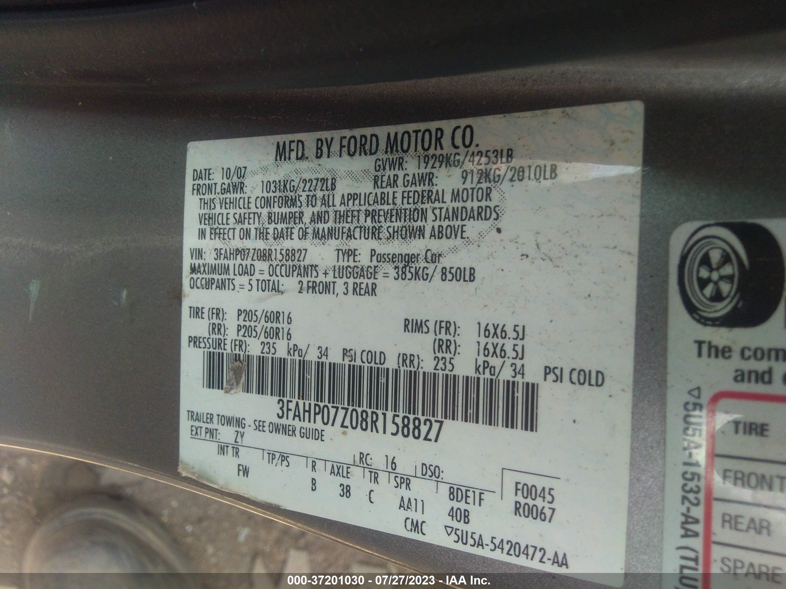 Photo 8 VIN: 3FAHP07Z08R158827 - FORD FUSION 