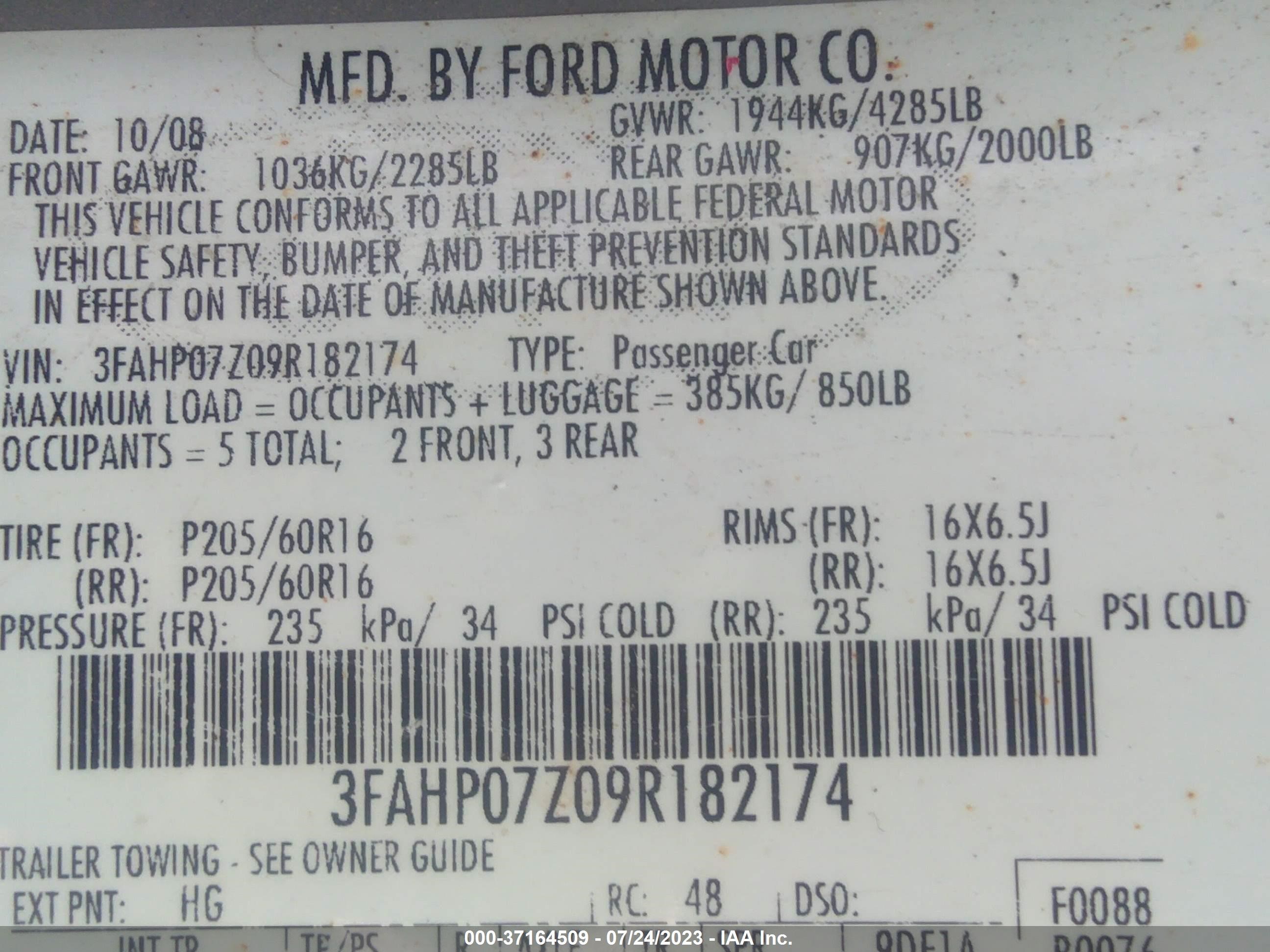 Photo 8 VIN: 3FAHP07Z09R182174 - FORD FUSION 