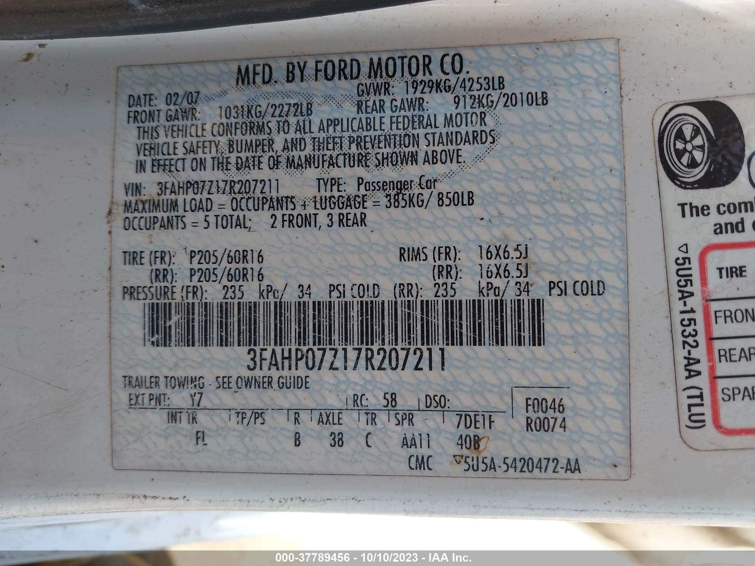 Photo 8 VIN: 3FAHP07Z17R207211 - FORD FUSION 