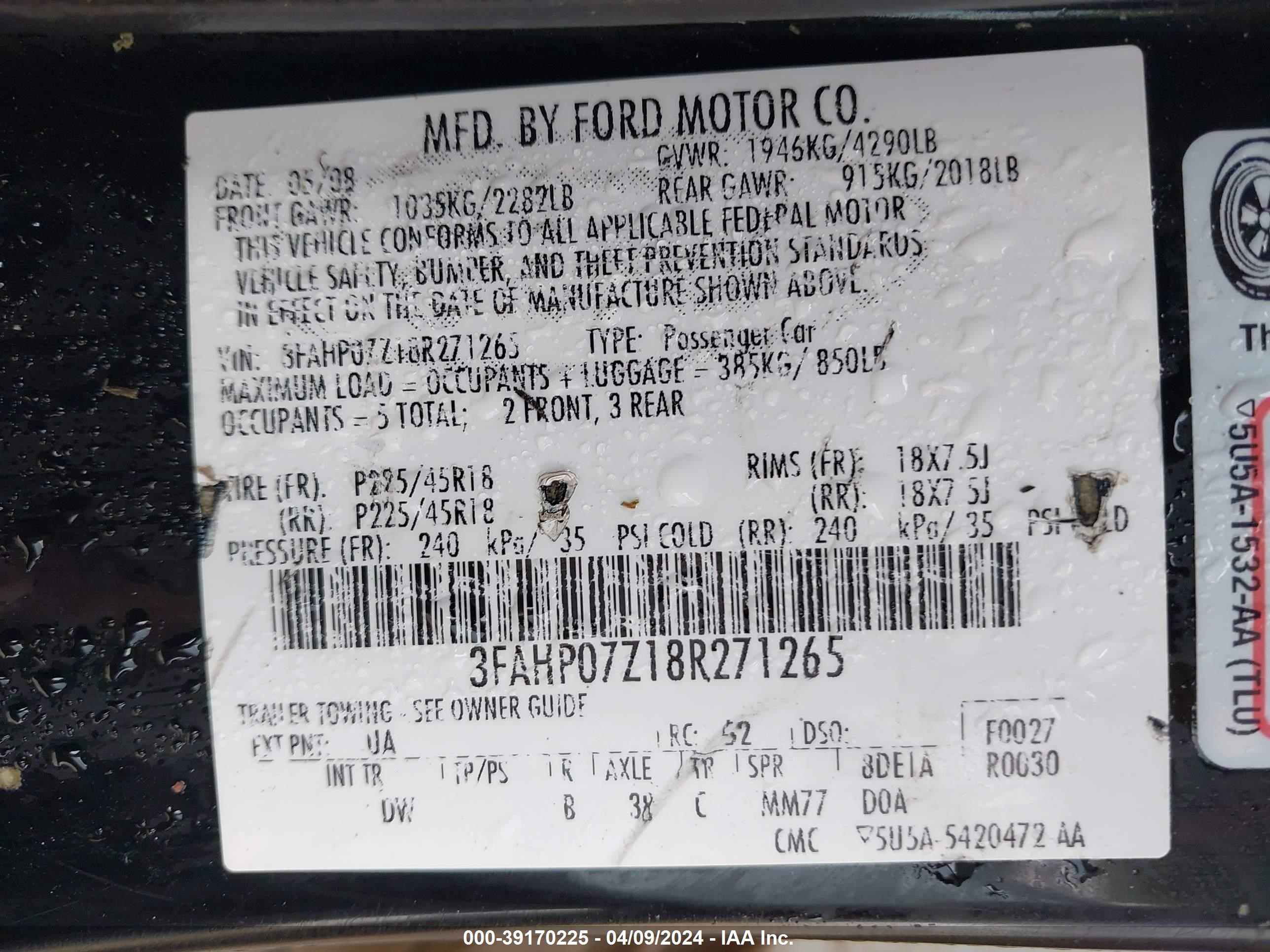 Photo 8 VIN: 3FAHP07Z18R271265 - FORD FUSION 