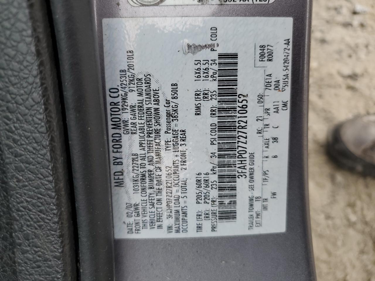 Photo 11 VIN: 3FAHP07Z27R210652 - FORD FUSION 