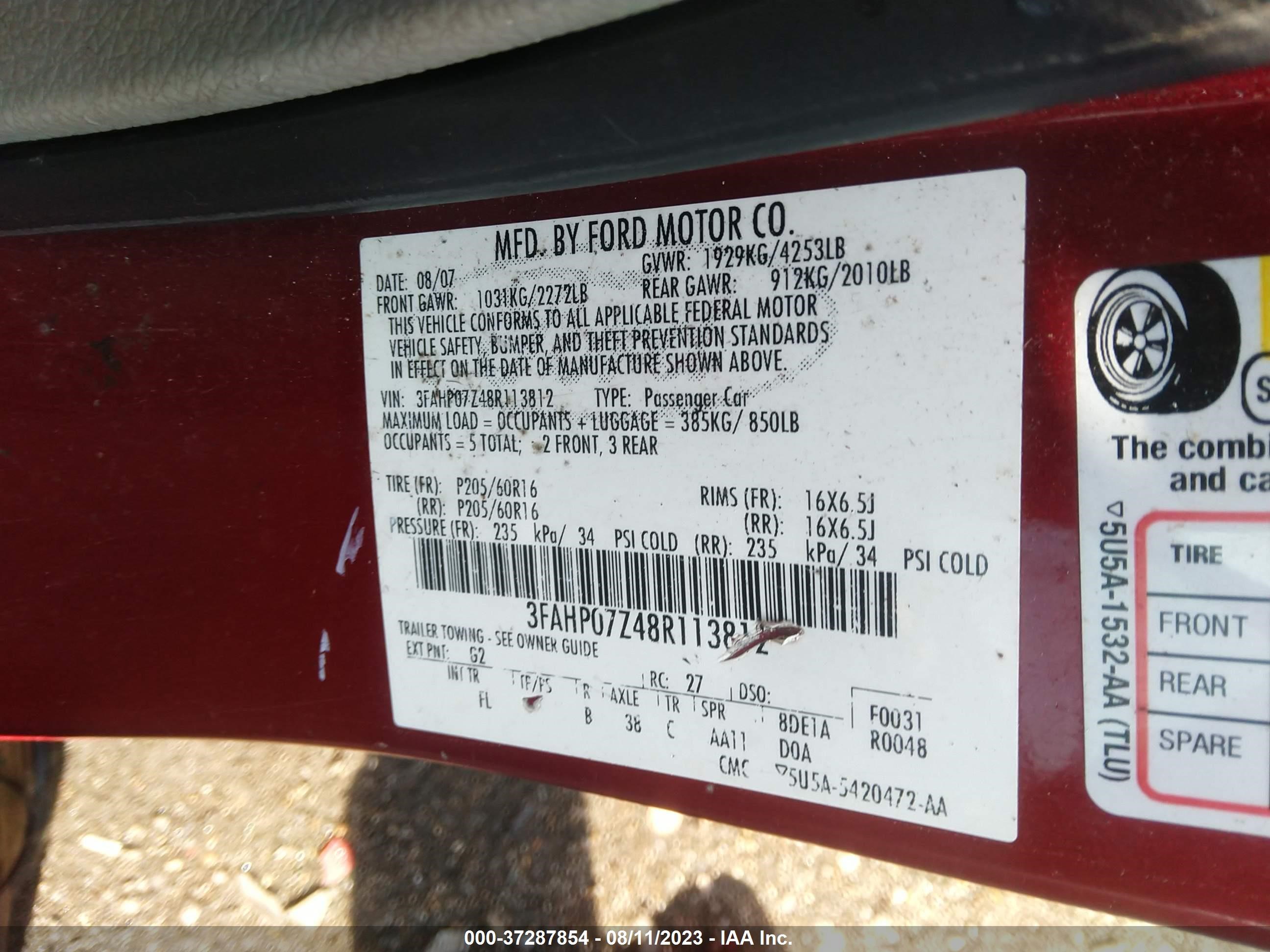 Photo 8 VIN: 3FAHP07Z48R113812 - FORD FUSION 