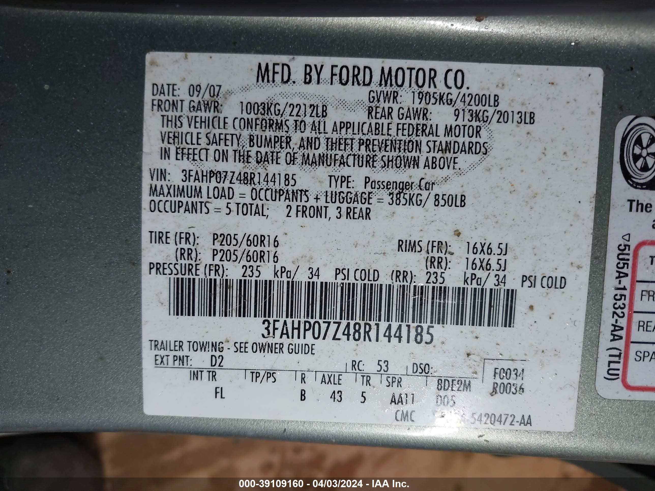 Photo 8 VIN: 3FAHP07Z48R144185 - FORD FUSION 