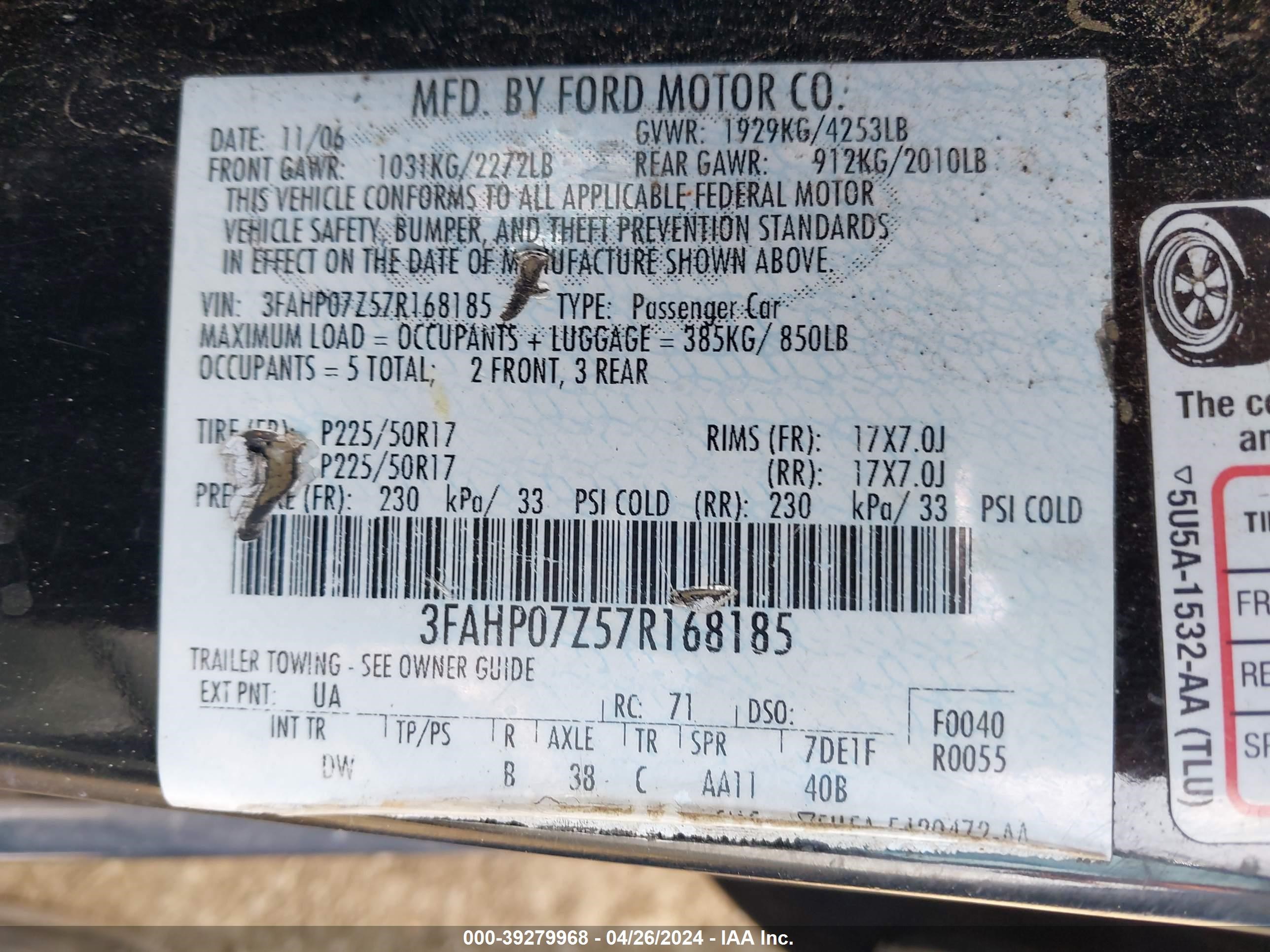 Photo 8 VIN: 3FAHP07Z57R168185 - FORD FUSION 