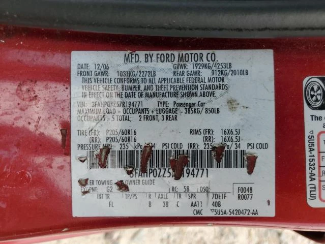 Photo 11 VIN: 3FAHP07Z57R194771 - FORD FUSION SE 