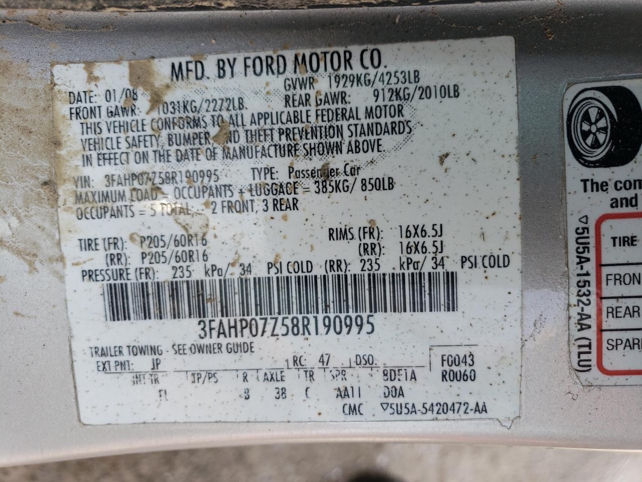 Photo 11 VIN: 3FAHP07Z58R190995 - FORD FUSION 