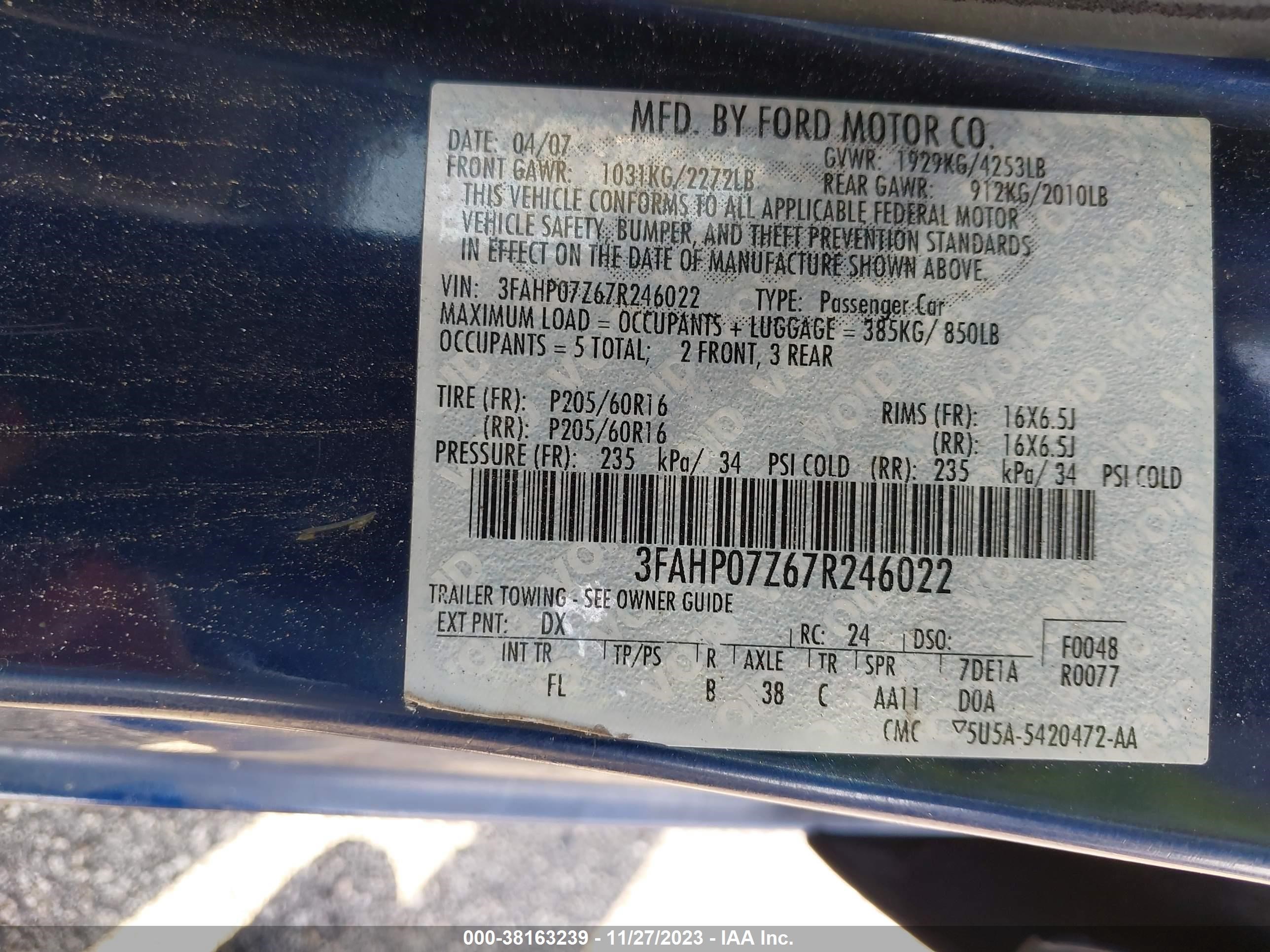 Photo 8 VIN: 3FAHP07Z67R246022 - FORD FUSION 