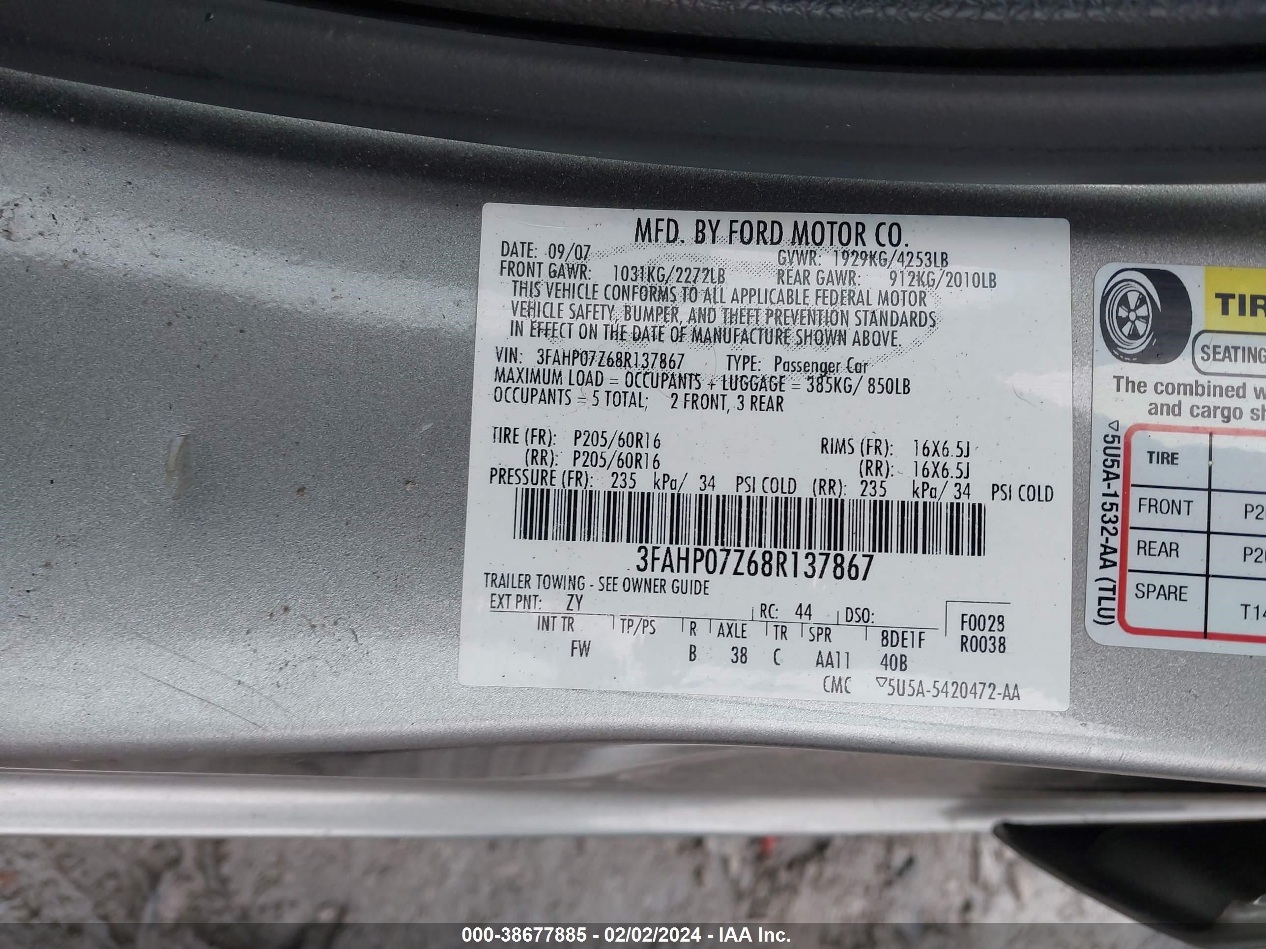 Photo 8 VIN: 3FAHP07Z68R137867 - FORD FUSION 