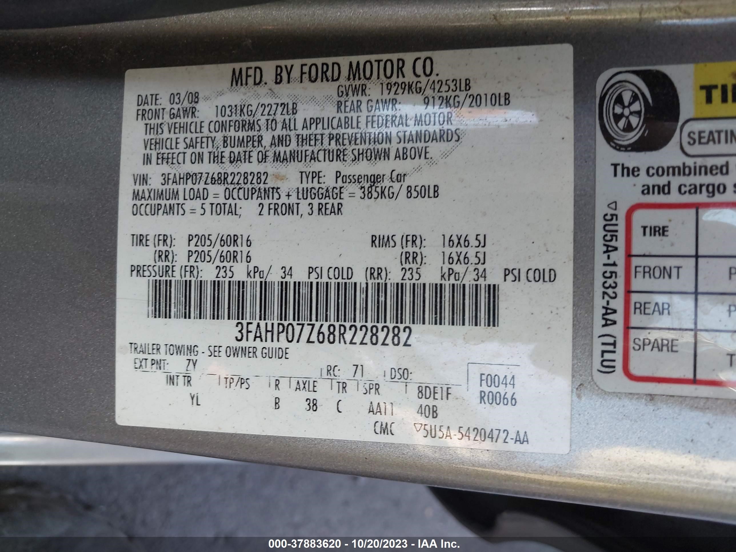 Photo 8 VIN: 3FAHP07Z68R228282 - FORD FUSION 