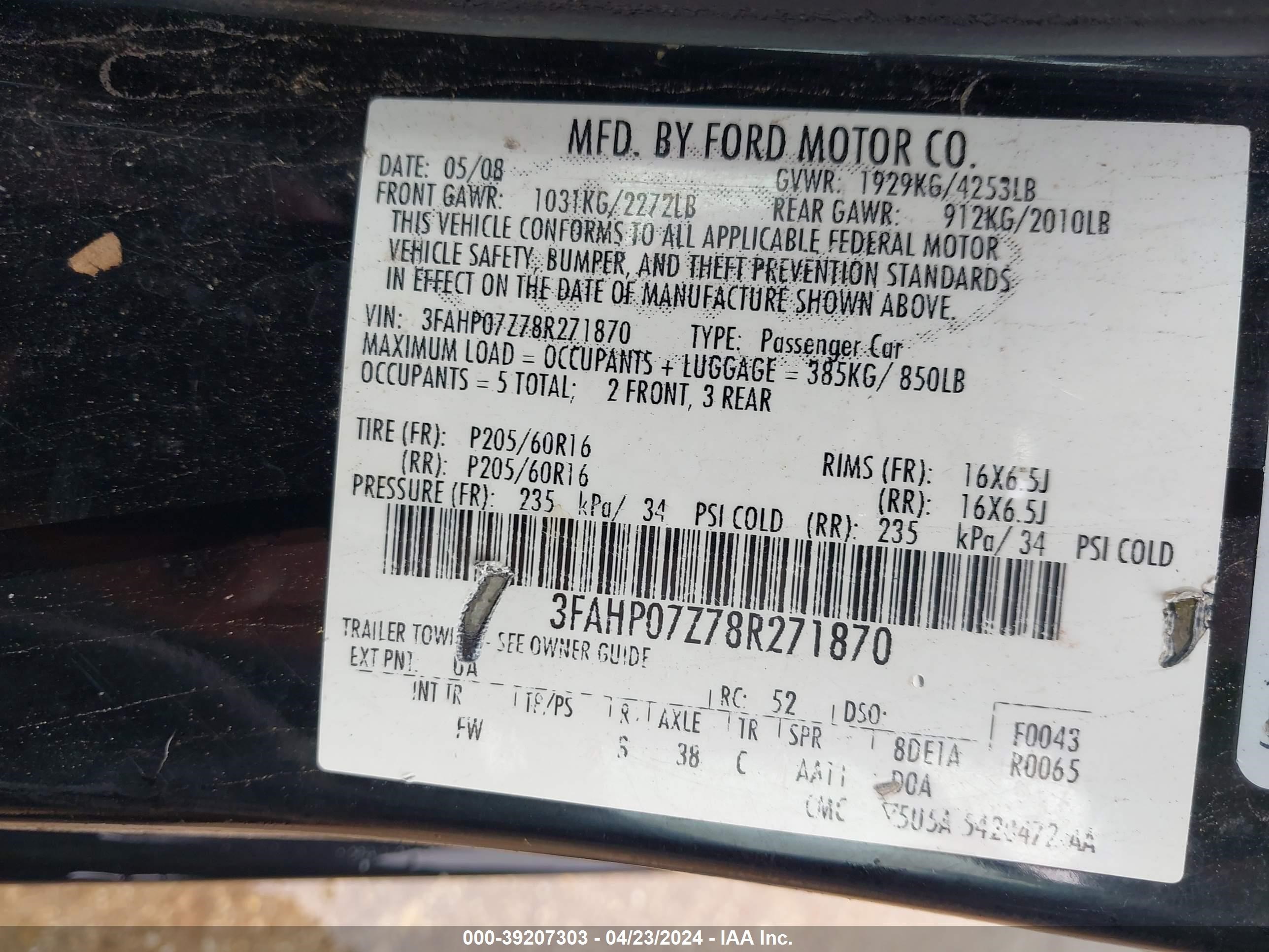 Photo 8 VIN: 3FAHP07Z78R271870 - FORD FUSION 