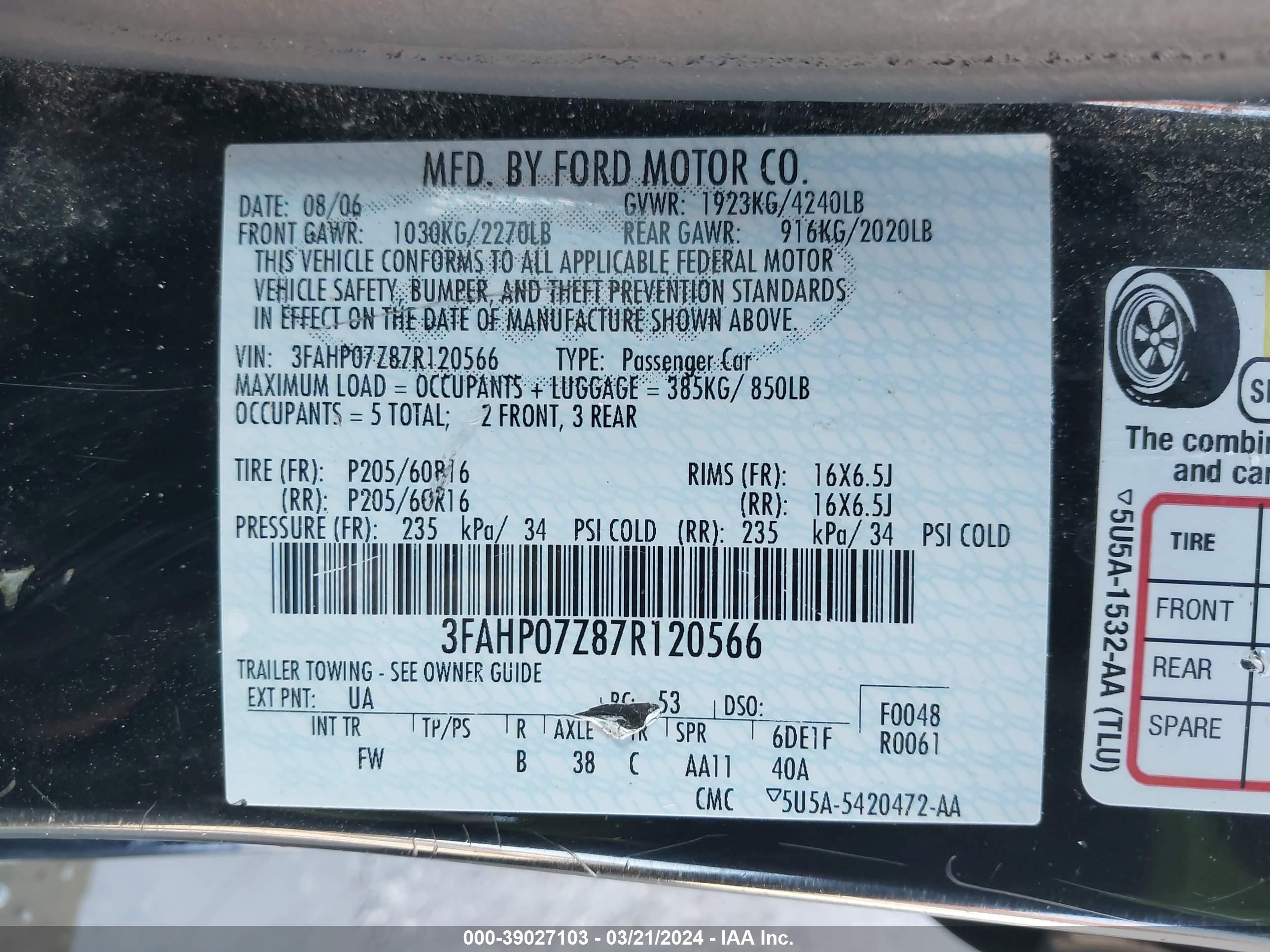 Photo 8 VIN: 3FAHP07Z87R120566 - FORD FUSION 