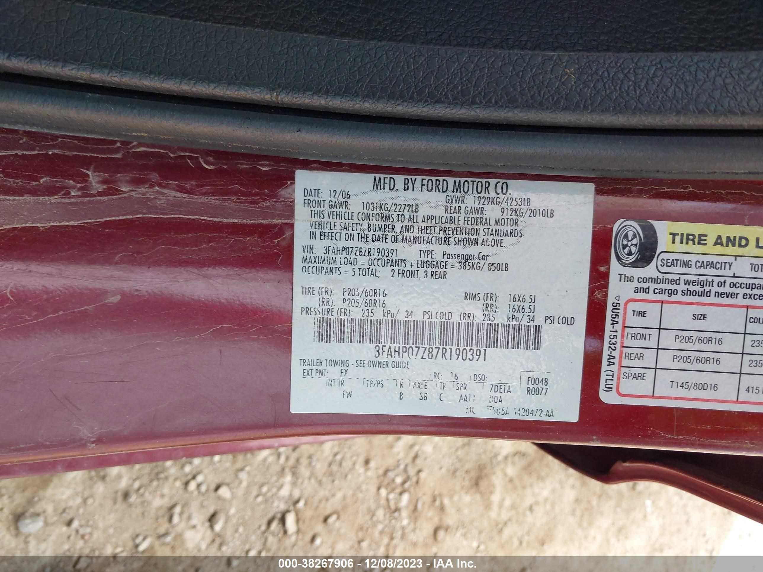 Photo 8 VIN: 3FAHP07Z87R190391 - FORD FUSION 