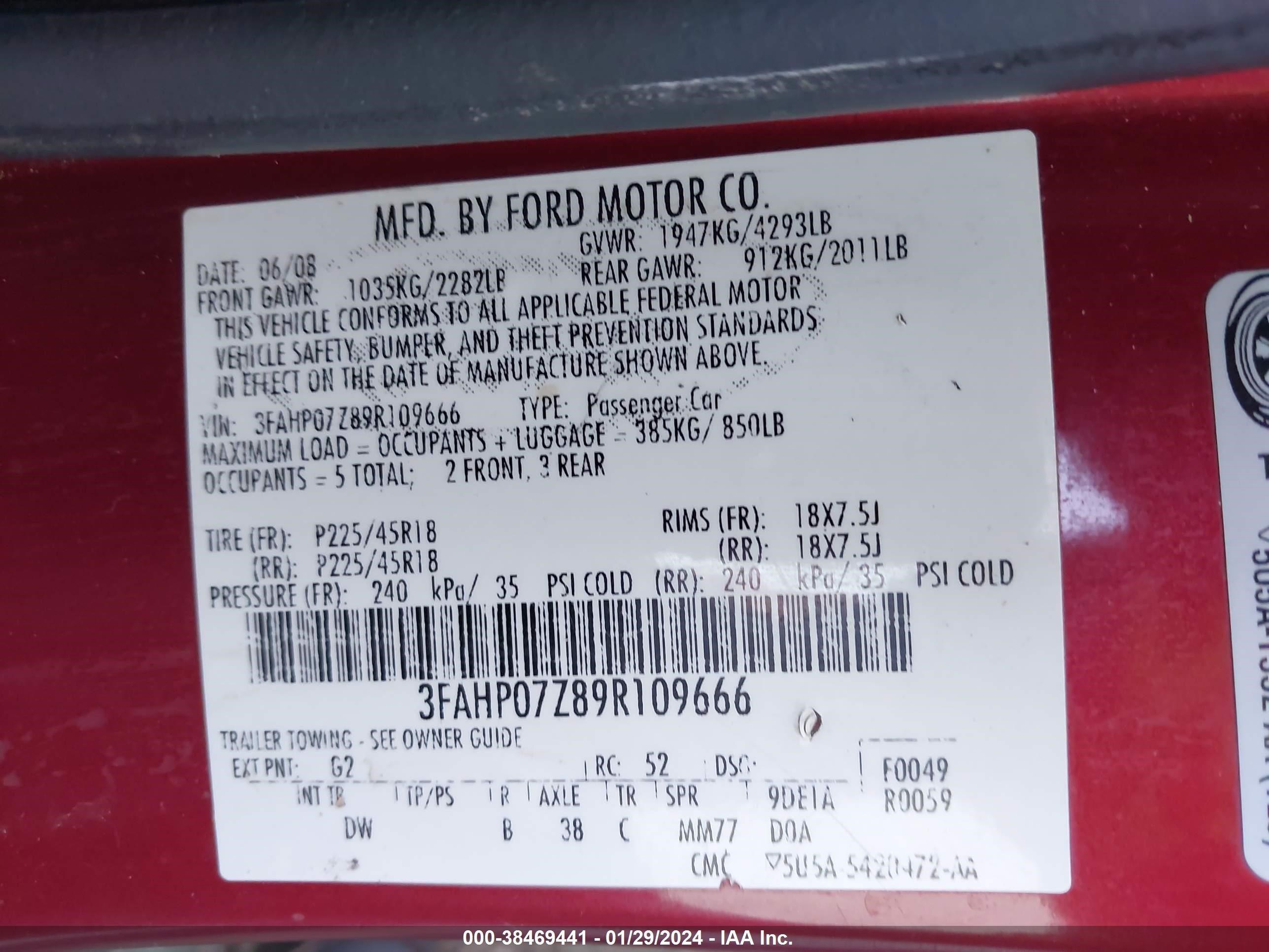 Photo 8 VIN: 3FAHP07Z89R109666 - FORD FUSION 